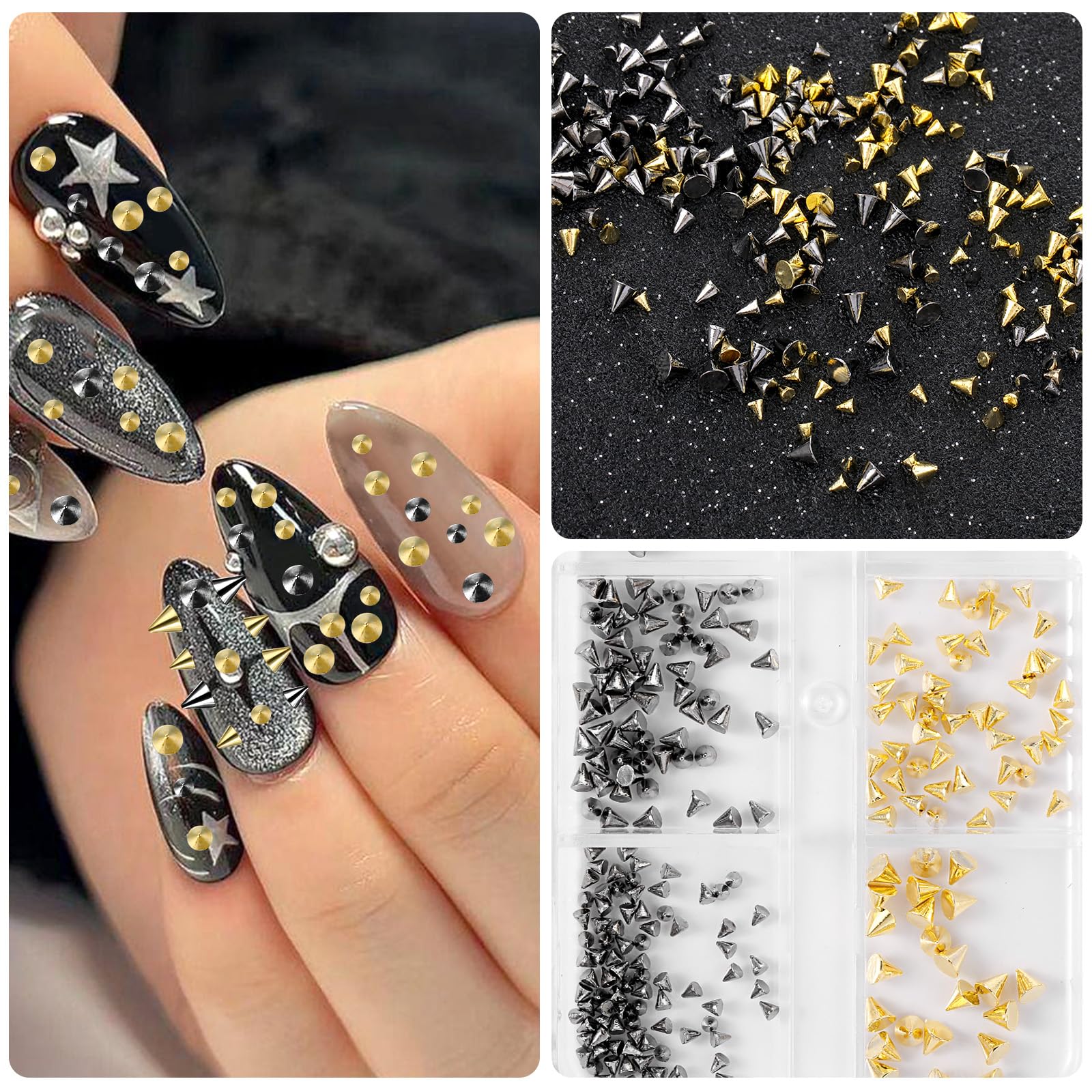 6 Grid/Box Mini Metal Studs for Acrylic Nails - Punk Style Gold & Black Nail Art Studs for DIY Manicure | Perfect for Nail Art Decoration, Salon Use & DIY Nail Crafts