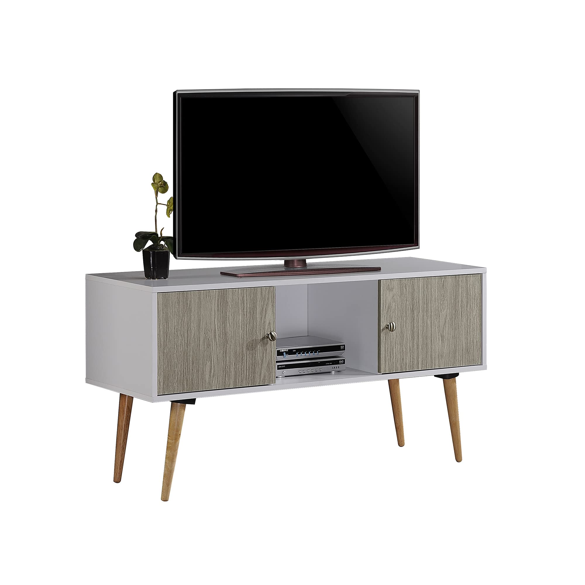 Hodedah White Retro Style TV Stand with 2 Storage Doors & Solid Wood Legs - Perfect for Living Room, Bedroom Home Entertainment Setup