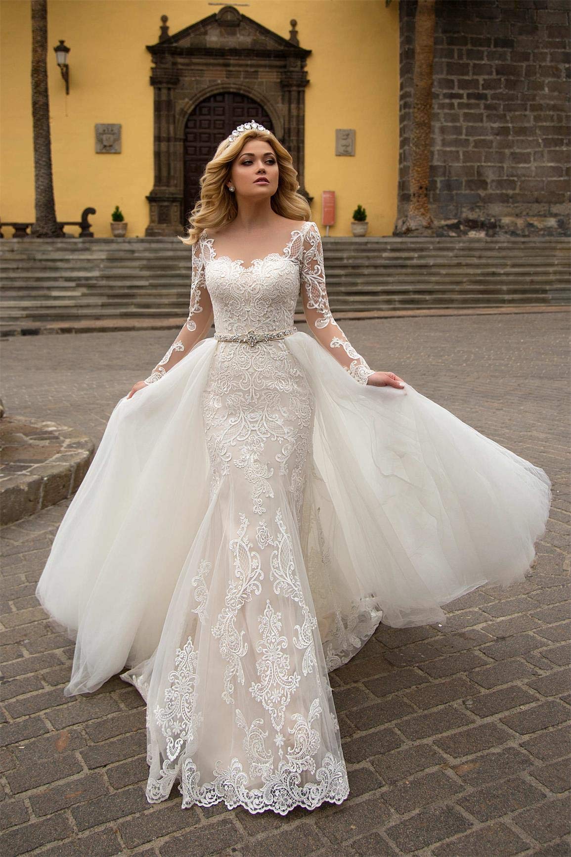 Elegant Long Sleeve Lace Mermaid Wedding Dress with Detachable Train - Plus Size 24 White Beach Bridal Gown for Women | Perfect for Beach Weddings, Vow Renewals & Romantic Photoshoots
