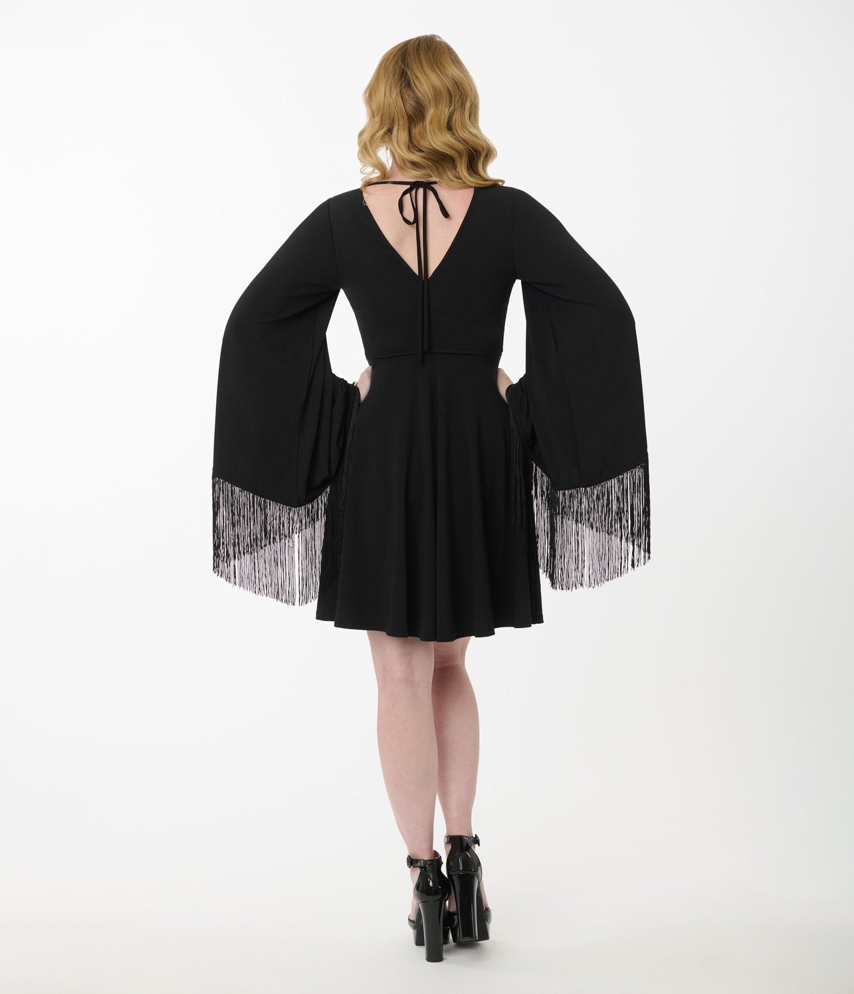 Smak Parlour Black Fringe Bell Sleeve Fit & Flare Dress for Women | Elegant Party & Evening Wear | Perfect for Weddings, Cocktails & Special Occasions