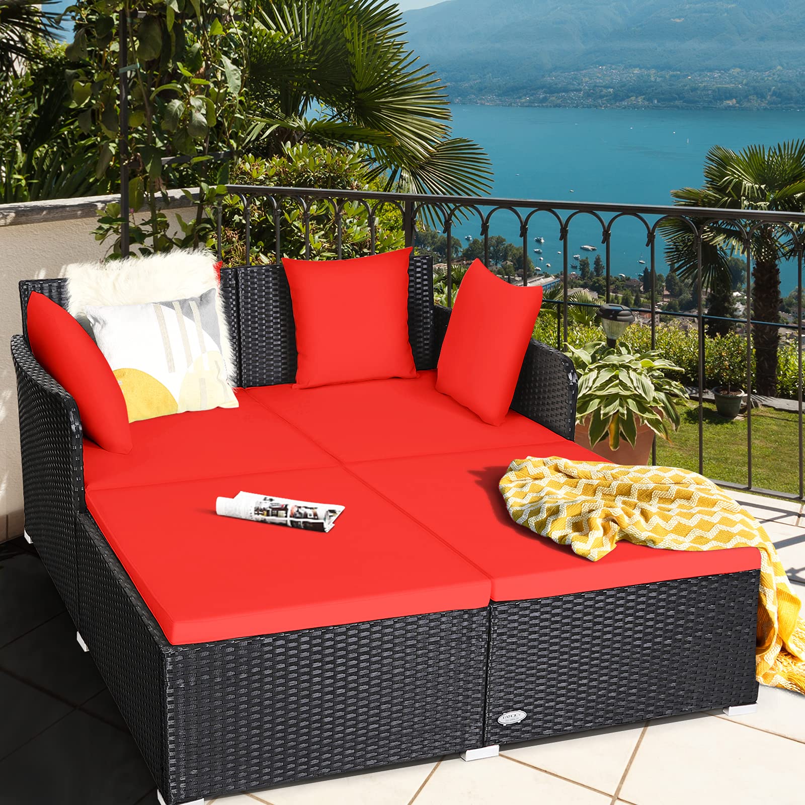 Outdoor Rattan Daybed Patio Loveseat Sofa Set with Padded Cushions & Sturdy Aluminum Frame - Wicker Patio Furniture for Garden, Porch, Poolside - Perfect for Relaxing, Sunbathing & Outdoor Entertaining
