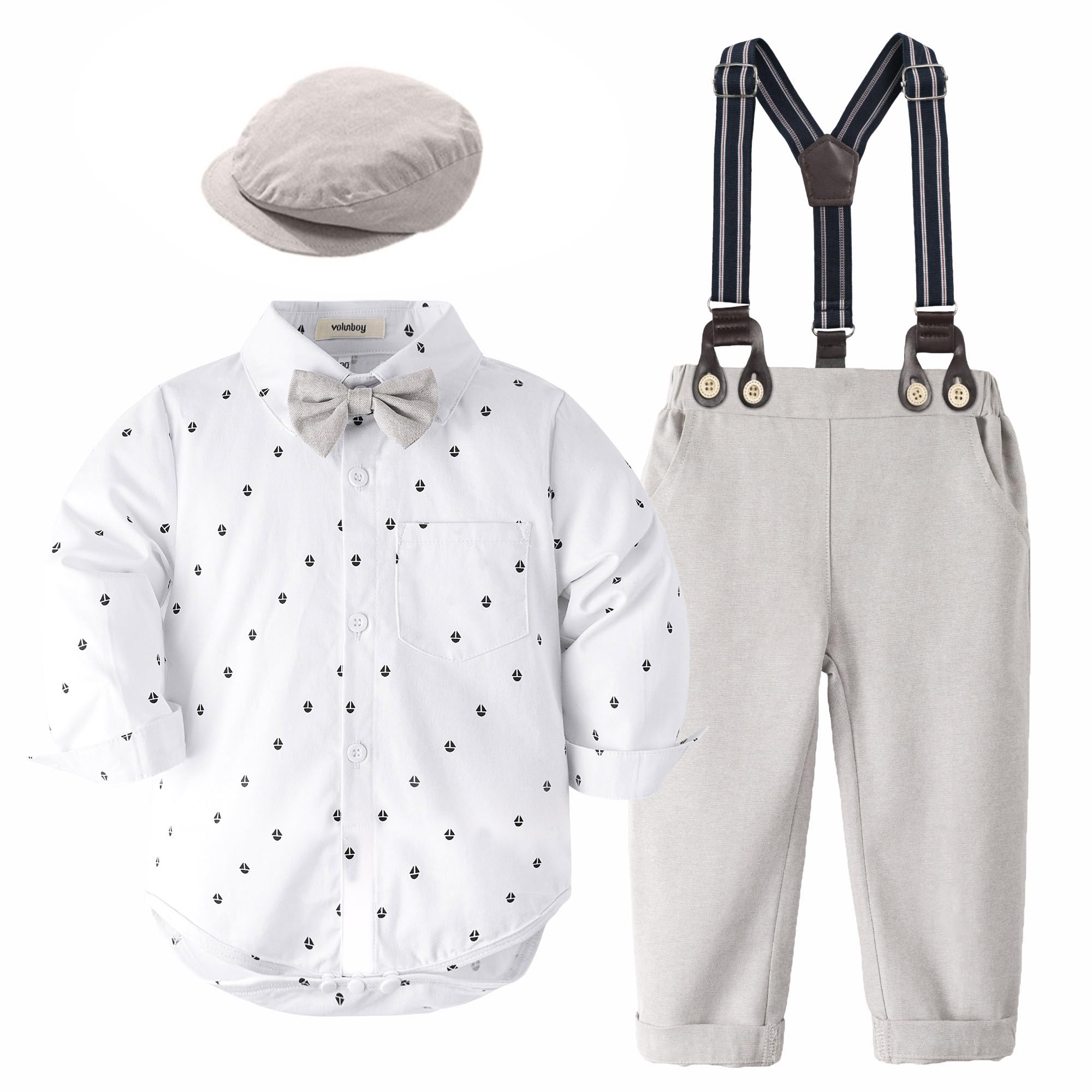 Volunboy Baby Boy Clothes Set - Infant Gentleman Wedding Outfit with Romper, Ring Bearer Beret Hat, Suspenders & Bowtie Suit - Perfect for Weddings, Christenings & Formal Occasions