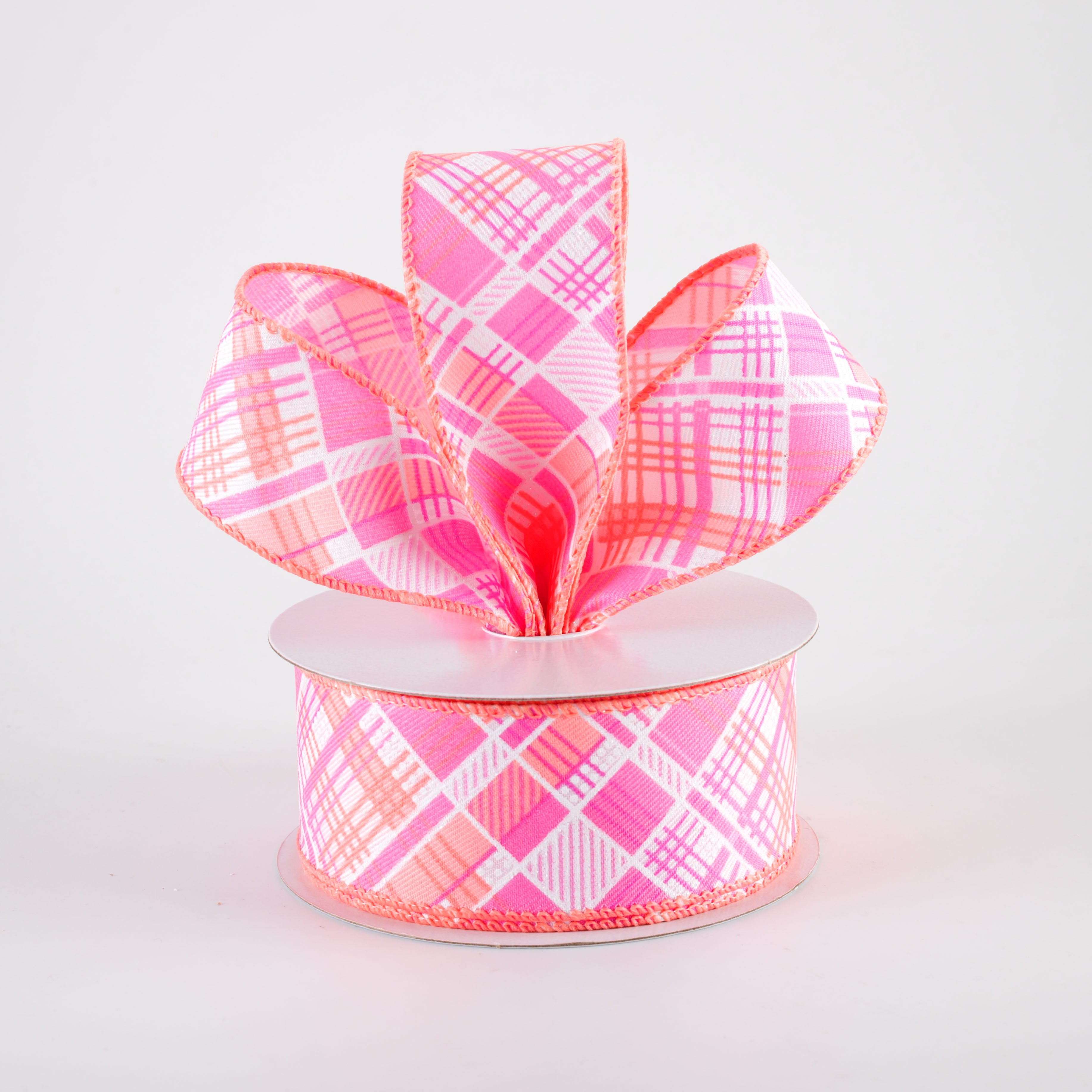 1.5 Inch Printed Cabot Diagonal Plaid Ribbon - Peach, Orange, Pink & White Floral Pattern - 10 Yards Bulk Spool for Gift Wrapping, DIY Crafts, Wedding Decorations & Scrapbooking