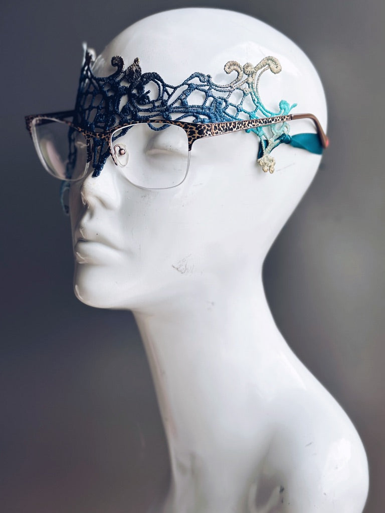 Elegant Blue, Teal & Gold Lace Eyeglass Mask - Fashionable Eye Cover for Sleep, Travel & Relaxation - Perfect for Spa, Meditation & Home Use