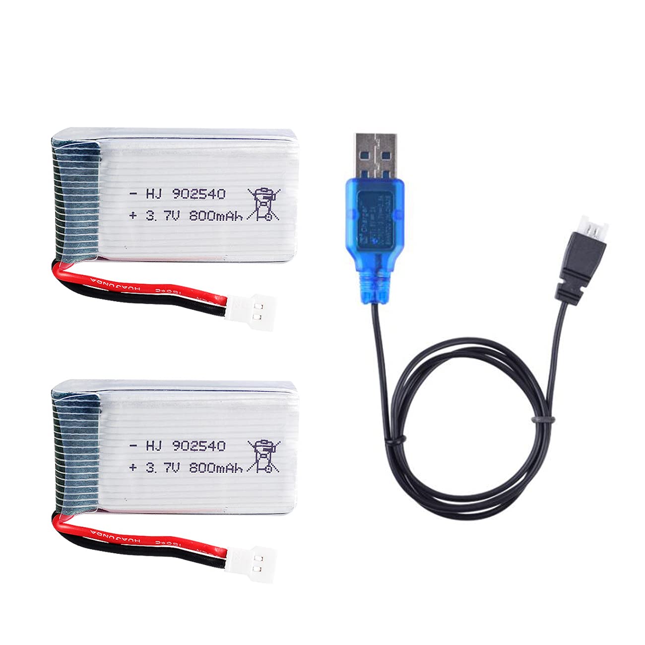 2 Pack 3.7V 800mAh 20C 902540 Rechargeable LiPo Battery with USB Charger - Compatible with Syma X5/X5C/X5SW/X5SC, Hengqi 905, Cheerson CX-30, Skytech M68 RC Drones - Perfect for Quadcopter Spare Parts & Extended Flight Time