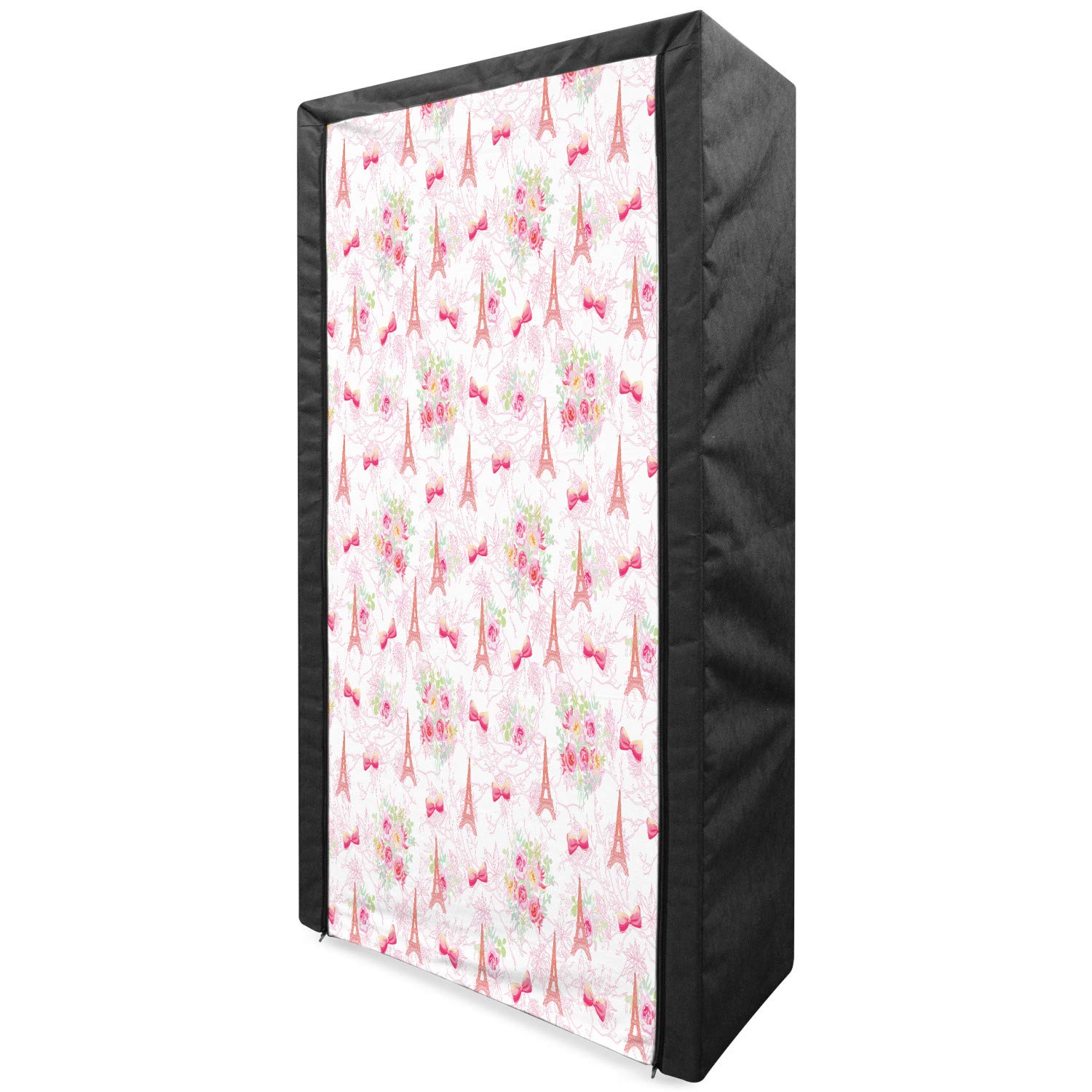 Ambesonne Paris Portable Fabric Wardrobe with Eiffel Tower & French Bouquet Design - 33.5 Inch Clothing Organizer with Shelves - Pale Green & Pink Romantic Pattern - Perfect for Bedroom, Closet & Dorm Storage