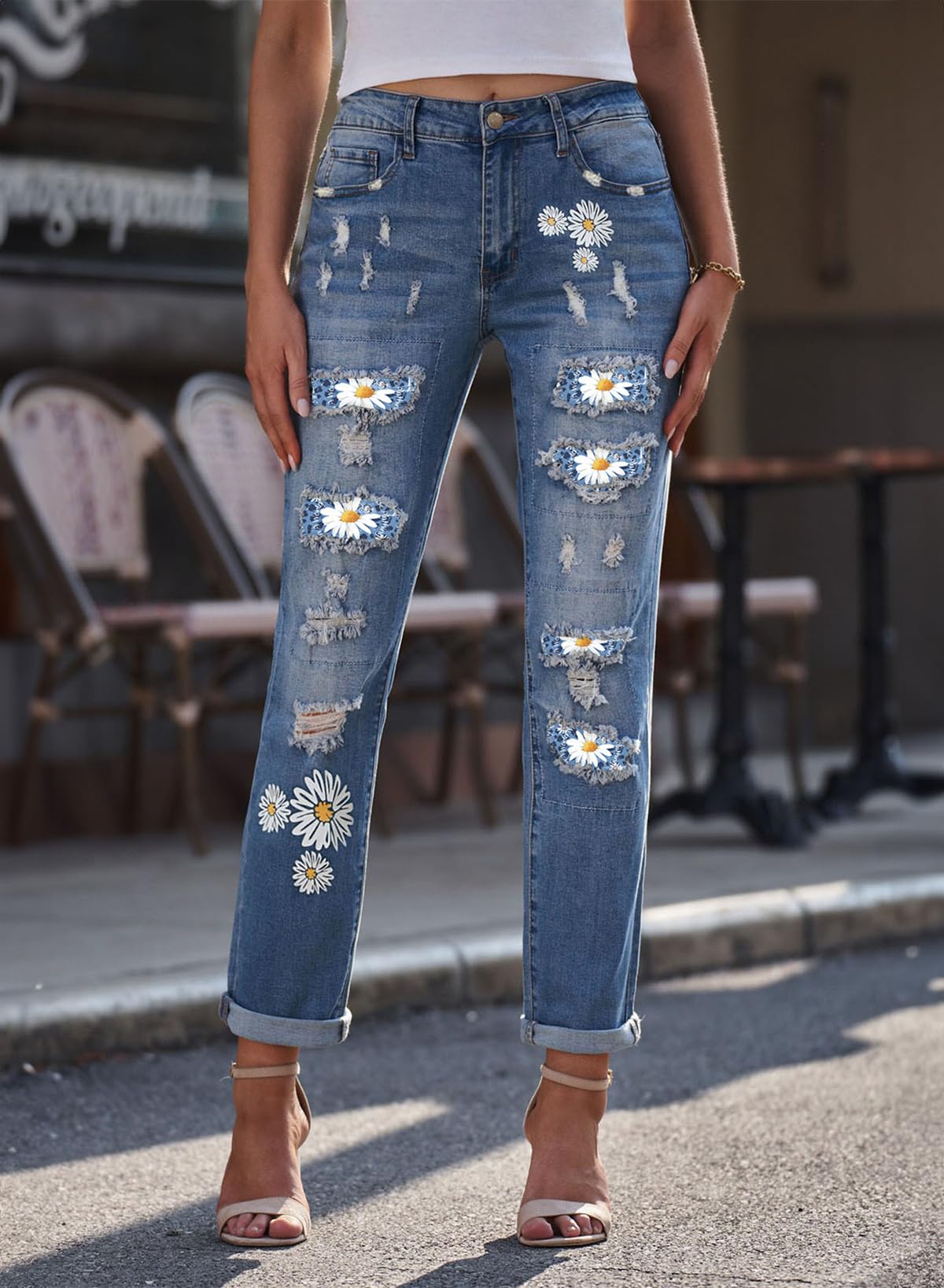 EVALESS Women's Ripped Boyfriend Jeans - Distressed Skinny Denim Pants with Plaid Patch Design | Casual Streetwear & Everyday Fashion