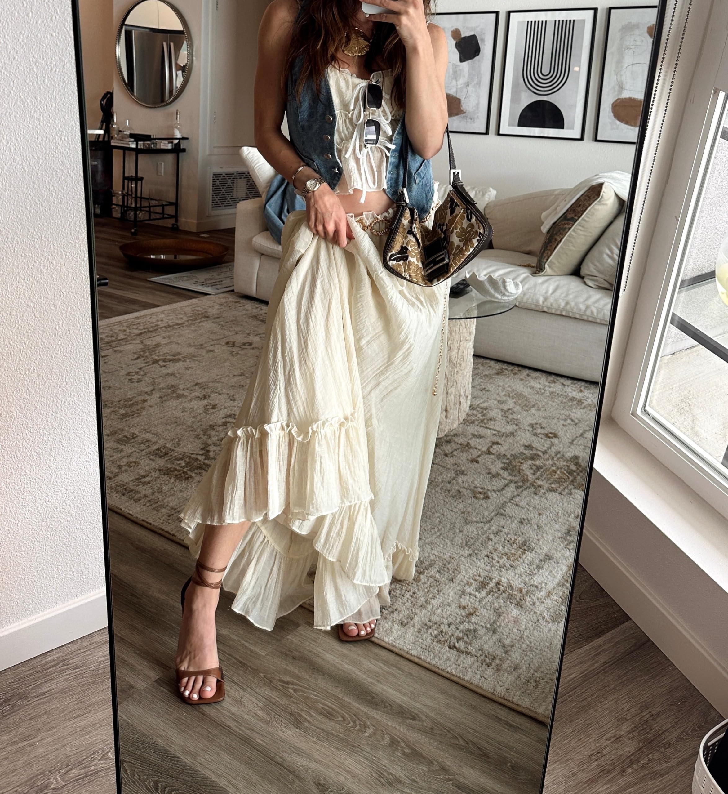 Y2K Women's 2 Piece Skirt Set - Tie Front Cami Top & Flowy Ruffle Maxi Skirt | Beach Vacation Outfits, Summer Dresses, Boho Chic Fashion for Parties & Travel