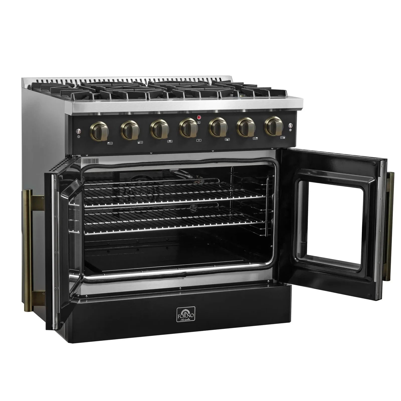 Forno Galiano 36 Inch French Door All Gas Range - Black with Antique Brass Trim - Model FFSGS6444 36BLK - Perfect for Modern Kitchens & Professional Chefs