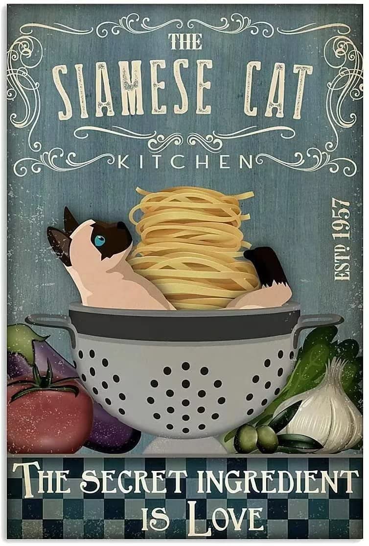 Vintage Siamese Cat Kitchen Metal Tin Sign - Retro Pasta & Veggies Wall Art Decor for Home, Restaurant, Bar - Farmhouse Plaque 12x17 Inches | Perfect for Kitchen, Diner & Cafe Decor
