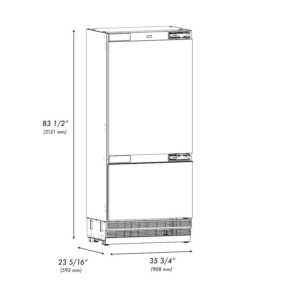 ZLINE Autograph Edition 36 Inch Built-In Bottom Freezer Refrigerator - 19.8 cu. ft. Capacity, Panel Ready, Water Dispenser & Ice Maker, Graphite Gray Interior with Matte Black Accents (GRBITZ 36 MB) - Perfect for Modern Kitchens, Open Concept Homes & Luxury Appliances