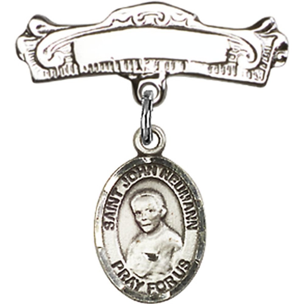 Sterling Silver Baby Badge with St. John Neumann Charm - 7/8 X 7/8 Inch Arched Polished Pin - Perfect for Baptism, Christening & First Communion Gifts