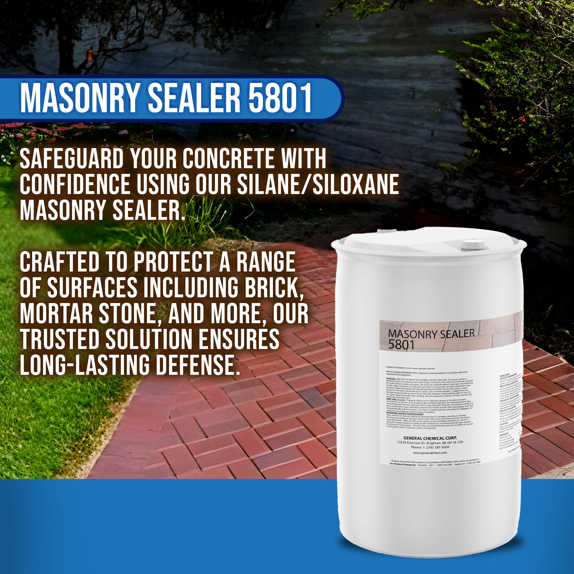 DeckGeneral Masonry Sealer 5801 - Clear Silane Siloxane Waterproof Coating for Concrete, Stone, Brick & Mortar - Long-Lasting Protection for Driveways, Sidewalks, Patios & Outdoor Surfaces (55 Gallon) - Ideal for Weatherproofing & Enhancing Curb Appeal