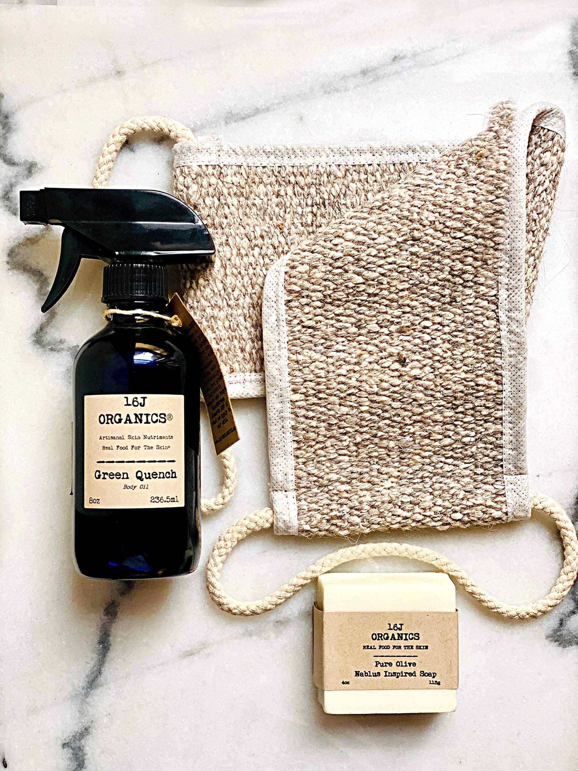 Organic 100% Natural Turkish Bath Spa Set - Green Quench Body Oil 8oz, Goat Hair Back Scrubber & Pure Olive Soap | Luxury Home Spa & Relaxation Gift Set for Self Care & Gifting