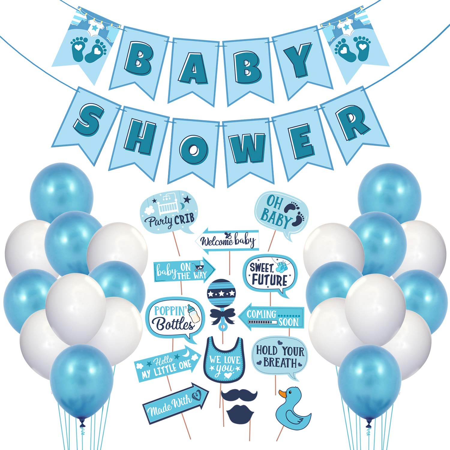 Zyozique Baby Shower Decorations Set - 1 Paper Banner & 25 Balloons in White & Blue (26-Piece Combo) | Gender Reveal Party, Newborn Celebration & Nursery Decor