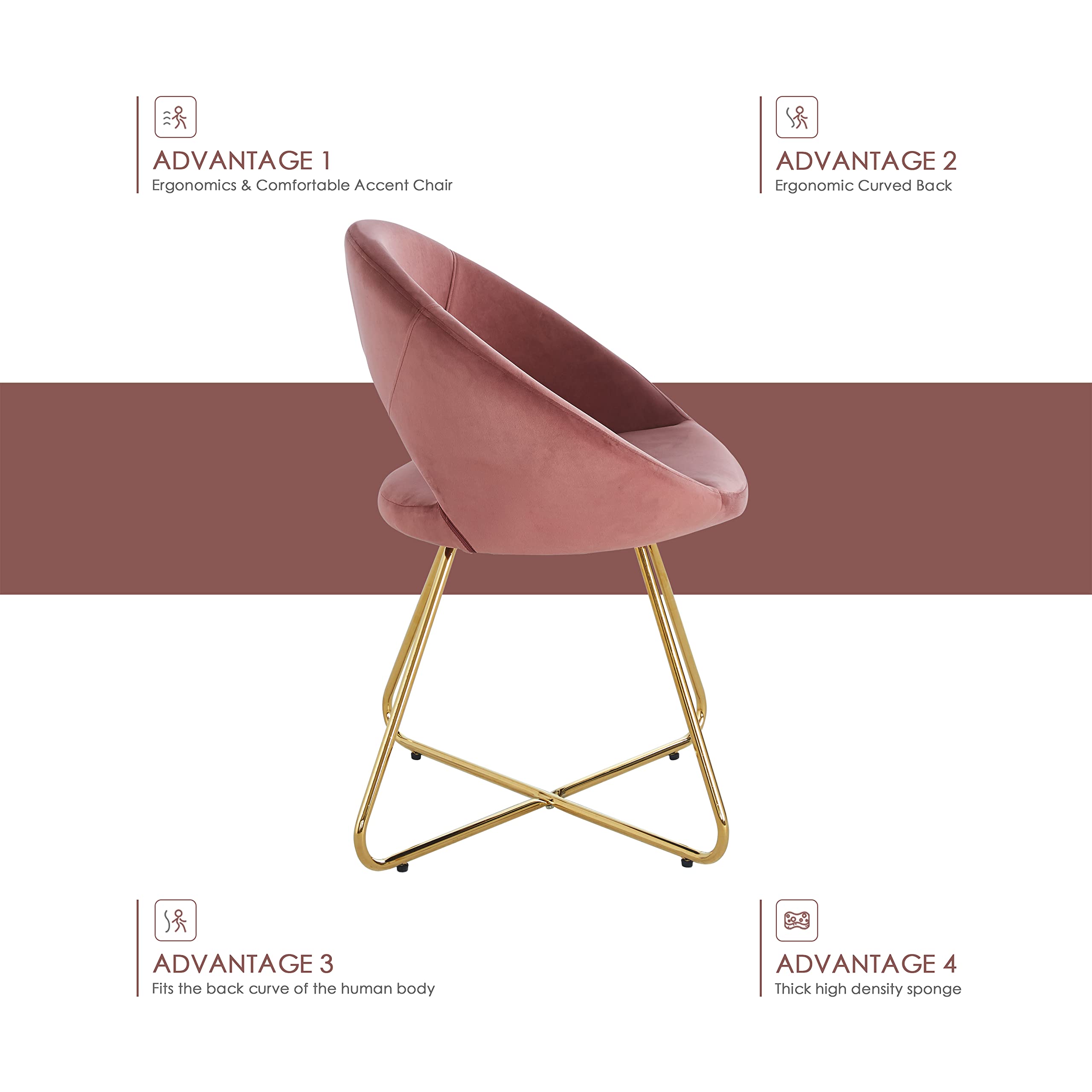 Luxury Velvet Accent Chairs Set of 2 - Modern Upholstered Comfortable Desk Chairs with Gold Base for Living Room, Bedroom & Dining Room | Perfect as Vanity Chair, Makeup Chair or Home Office Seating (Pink Velvet)