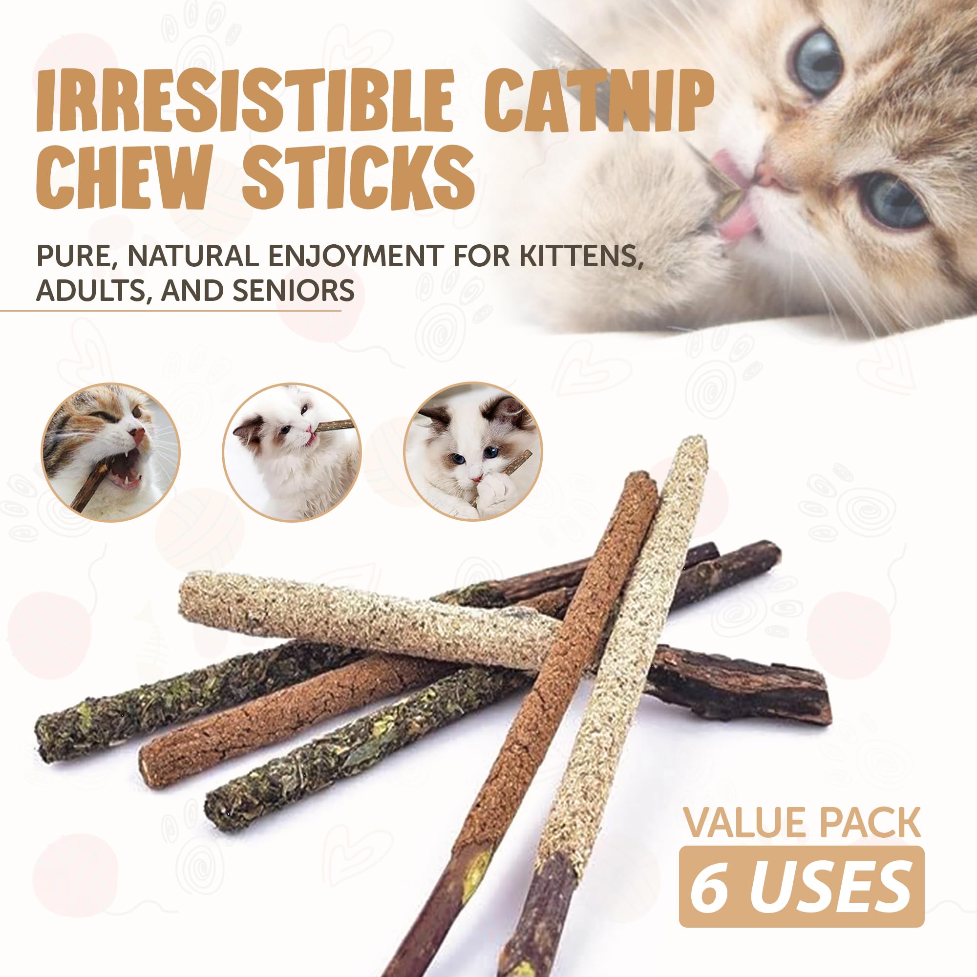 Natural Catnip Chew Sticks for Kittens & Adult Cats - Teething Toys, Anxiety Relief & Dental Health | Indoor Cat Chew Toys for All Breeds & Ages | 6 Pack for Playtime & Stress Relief