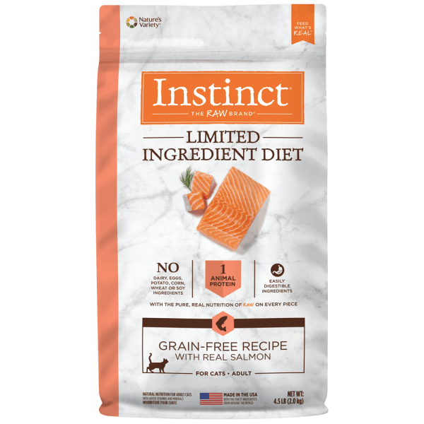 Instinct Limited Ingredient Diet Real Salmon Recipe Dry Cat Food for Sensitive Stomachs - 4.5lb Bag - Grain Free & Natural Cat Kibble for Adult Cats - Perfect for Indoor Cats with Food Allergies