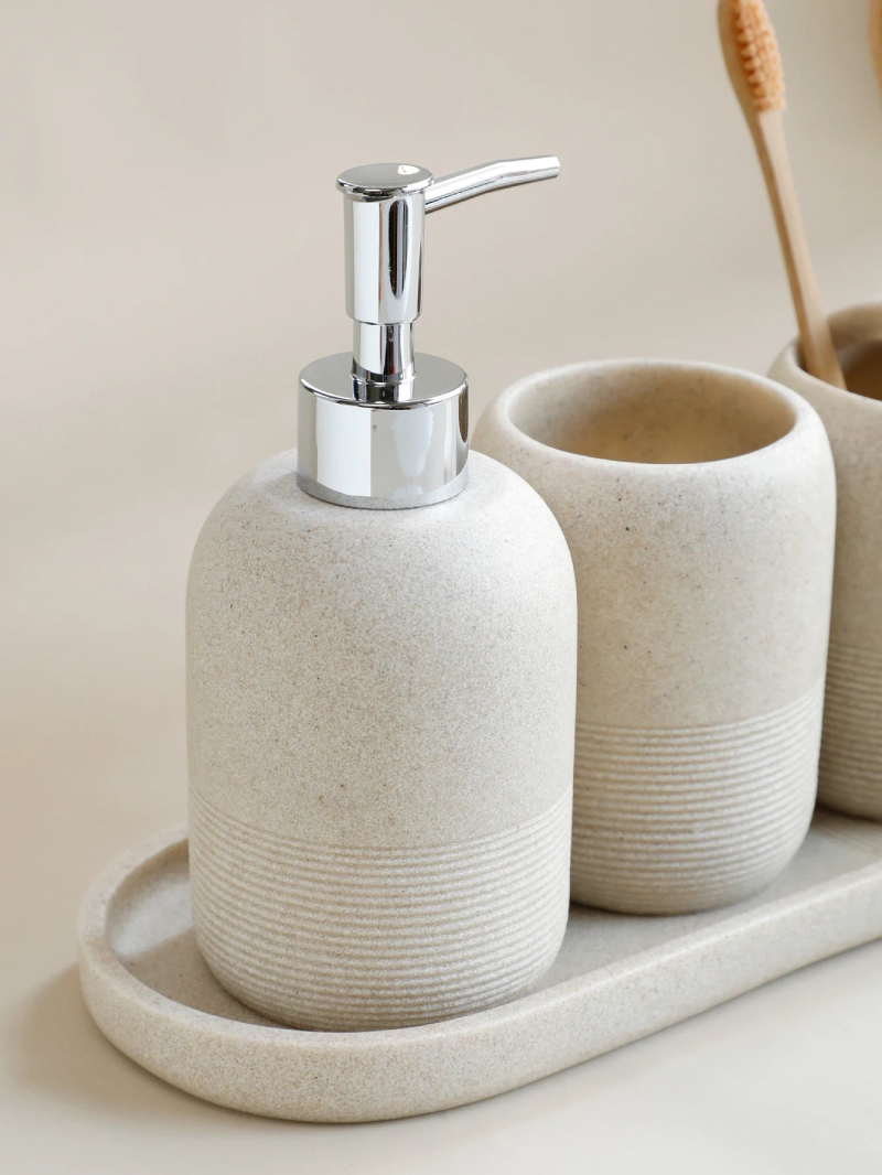 Premium Naya Stone Bathroom Accessory Set - Modern Soap Dispenser, Toothbrush Holder & Tumbler | Water-Resistant & Stylish for Bathroom, Spa & Luxury Home Decor