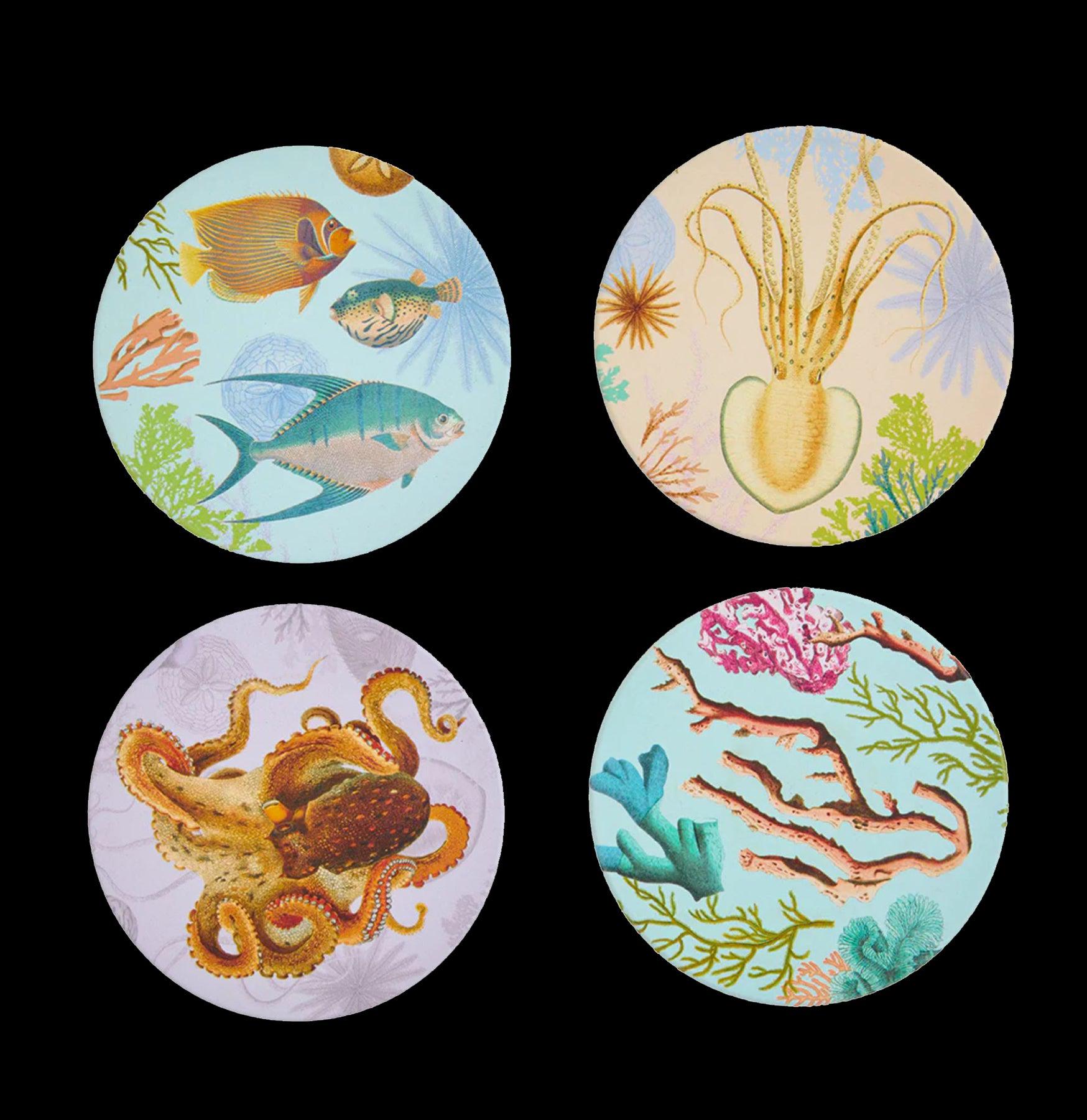 Under the Sea Coaster Set - 4-Piece Absorbent Stone Coasters with Marine Life Designs | Perfect for Coffee Tables, Beach House Decor & Ocean Theme Parties