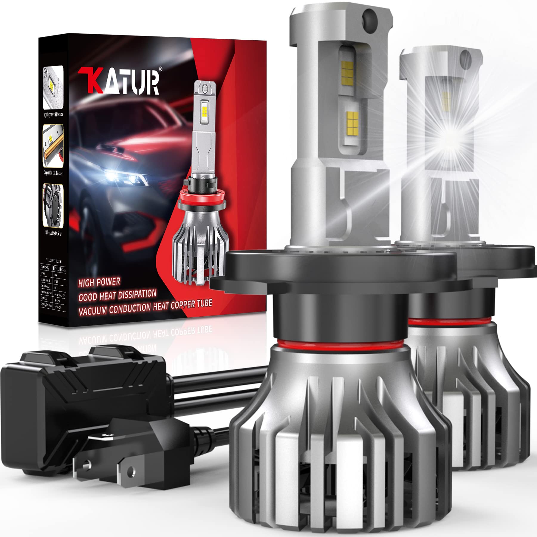 KATUR H4 LED Headlight Bulbs 110W 20000LM 9003 HB2 Hi/Lo Beam Conversion Kit - Super Bright 6000K-6500K Xenon White, IP65 Waterproof, Plug & Play (Pack of 2) - Perfect for Cars, Trucks, SUVs & Off-Road Vehicles