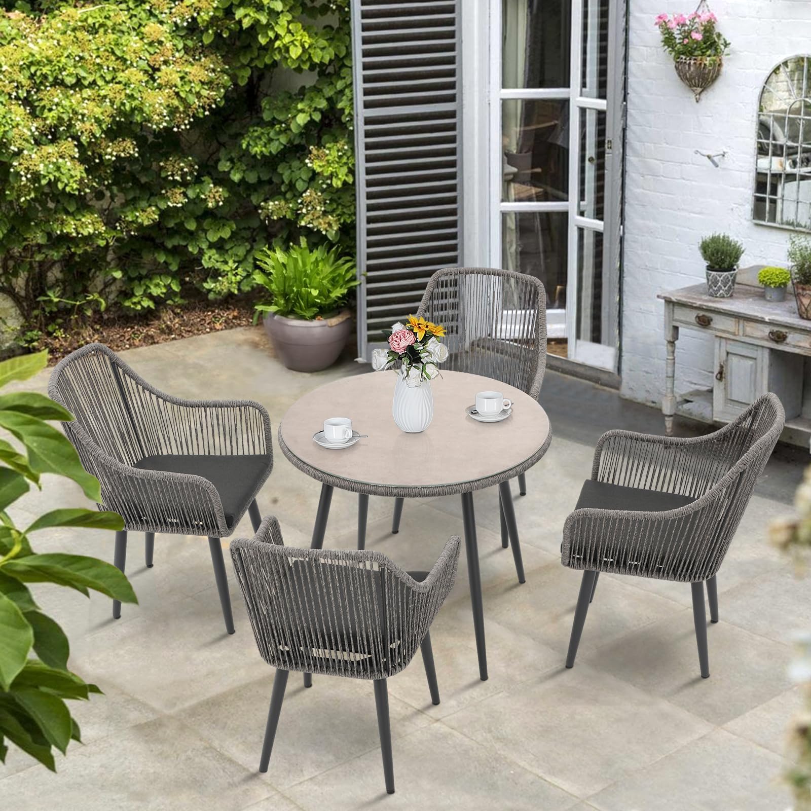 JOIVI 4-Piece Outdoor Patio Dining Chairs Set - Woven Rattan Wicker Chairs with Armrests & Cushions, Sturdy Iron Frame - Perfect for Garden, Backyard, Lawn, Poolside, Restaurant, or Indoor Dining Use