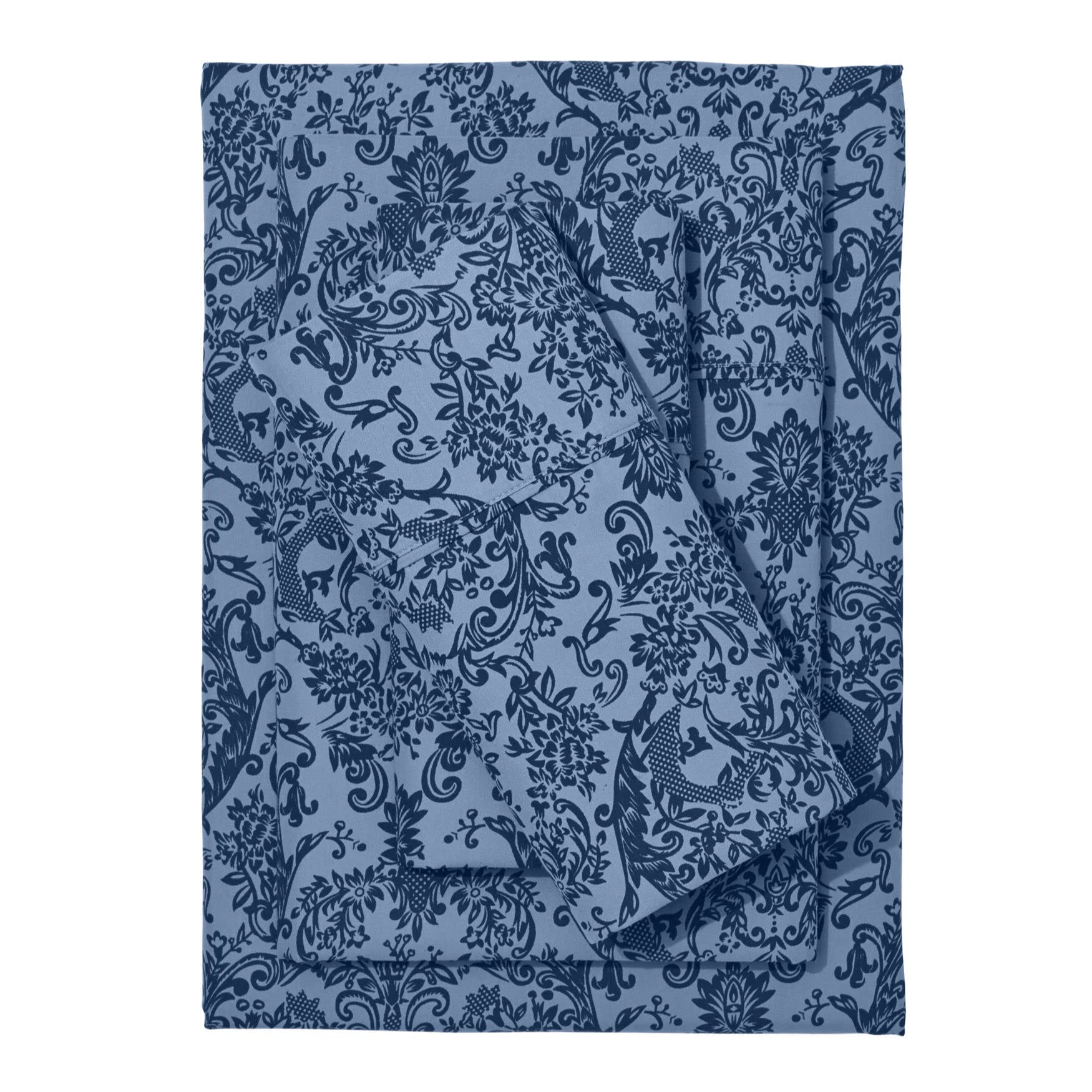 BrylaneHome 1000-Tc 6-Piece Printed Damask Sheet Set - Full Size, Blue Shadow Damask Pattern | Luxury Bedding for Master Bedroom & Guest Room