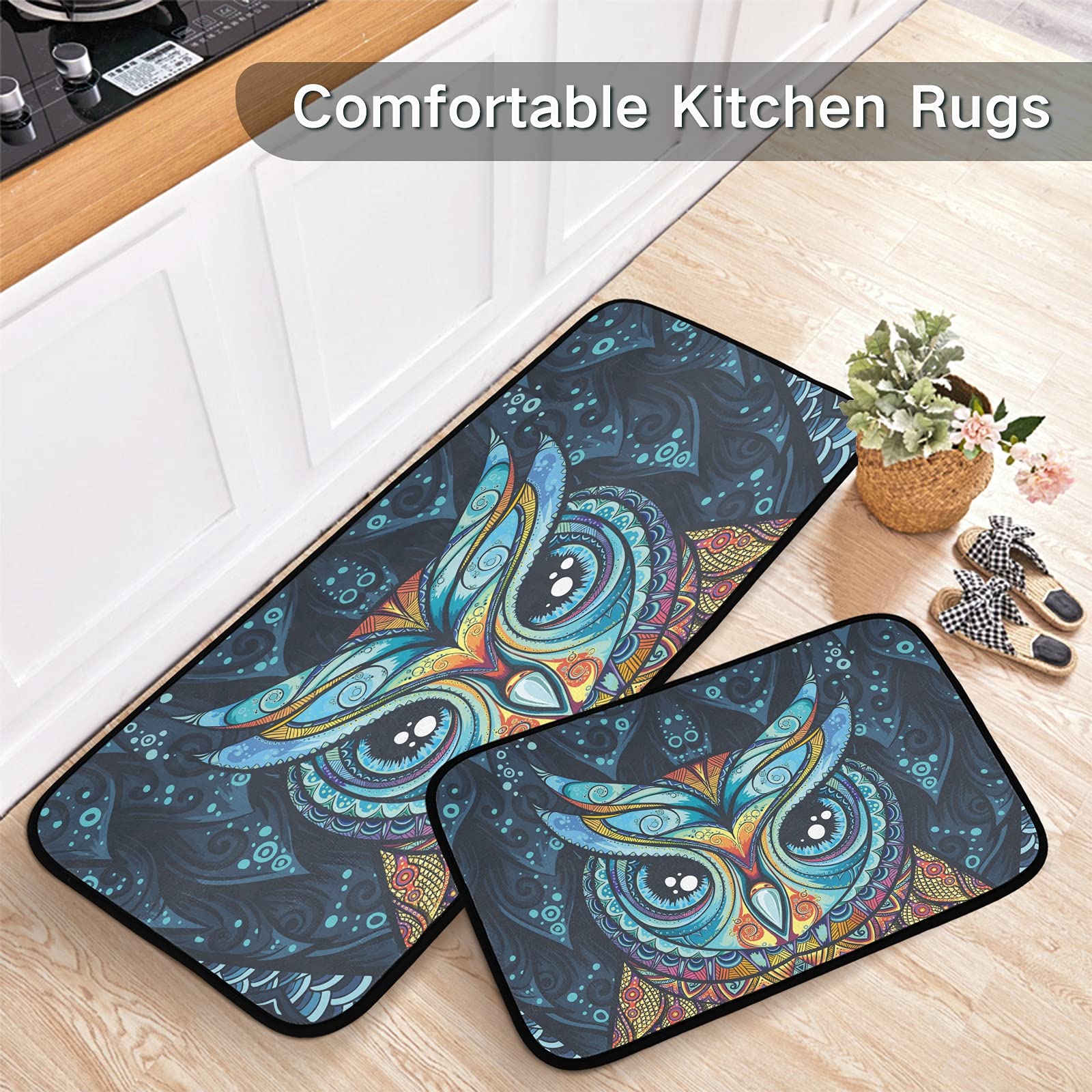 Tribal Owl Kitchen Rugs Set - Anti-Fatigue Non-Slip Mats for Sink & Laundry (2PC)
