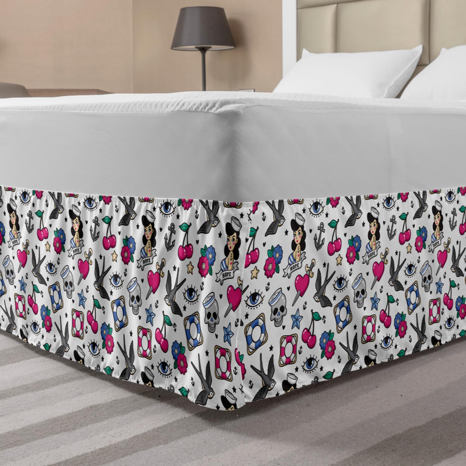 Ambesonne Colorful Elastic Bed Skirt - Cartoon Skulls, Hearts, Flowers & Cherries Design | Wrap Around Fabric Dust Ruffle for Queen Size Beds | Perfect for Bedroom Decor, Guest Rooms & Dorm Styling (White & Multicolor)