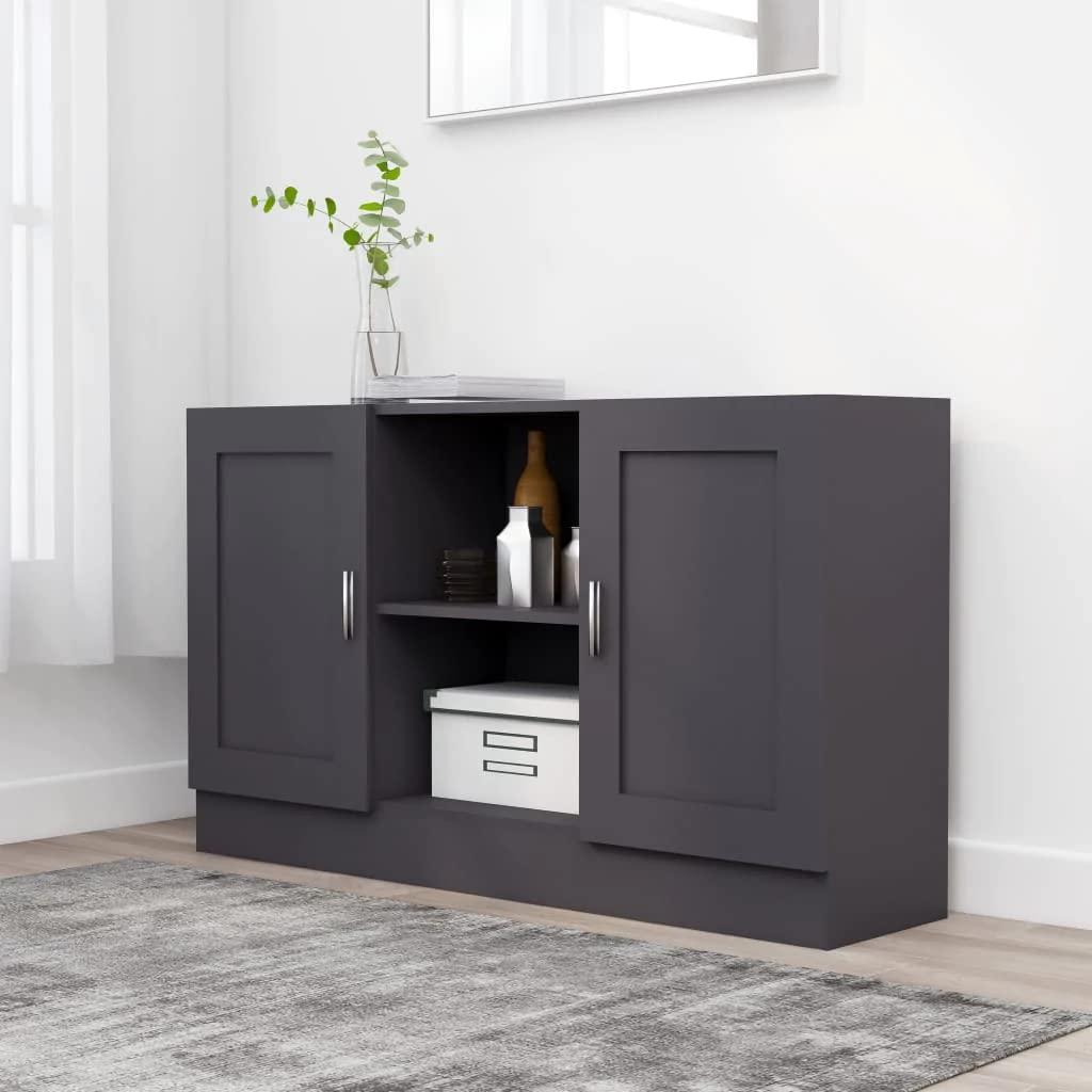 Scandinavian Gray Engineered Wood Sideboard Buffet Cabinet - 2 Compartments & 2 Doors Storage for Living Room, Bedroom | Space-Saving Entryway Organizer, Dining Room Storage Solution