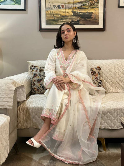 Elegant White Pure Chanderi Pink Sequins Embroidered Salwar Suit Set for Women - Perfect for Weddings, Parties & Festive Occasions