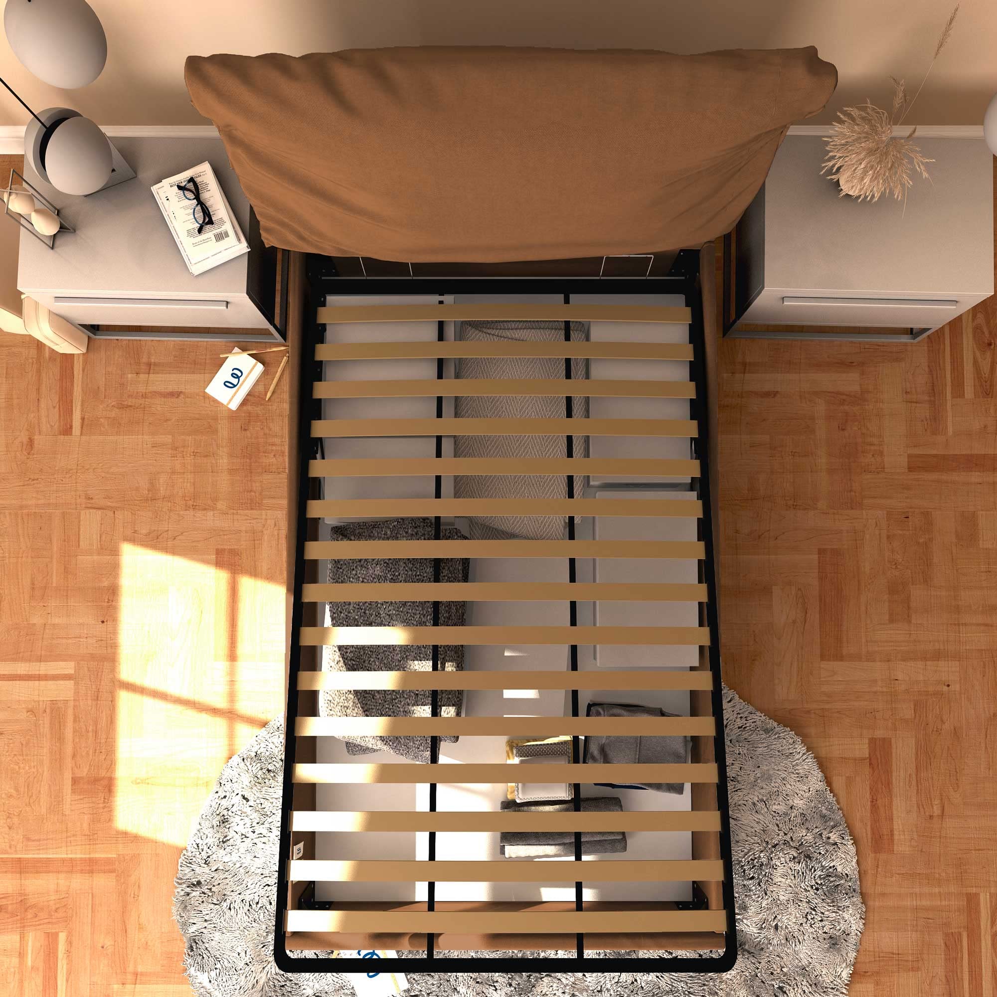 Baldiflex Single Bed with Storage - Licia Soft Synthetic Leather, Slatted Base for Single Mattress, 120 x 200 cm, Padded Headboard, Brown - Perfect for Small Bedrooms, Guest Rooms & Studio Apartments