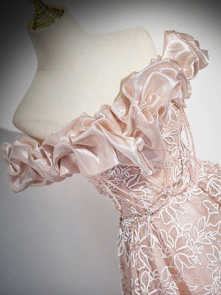 Elegant Off Shoulder A-Line Tulle Lace Pink Long Prom Dress - Formal Evening Gown for Homecoming, Wedding, Quinceañera & Special Occasions
