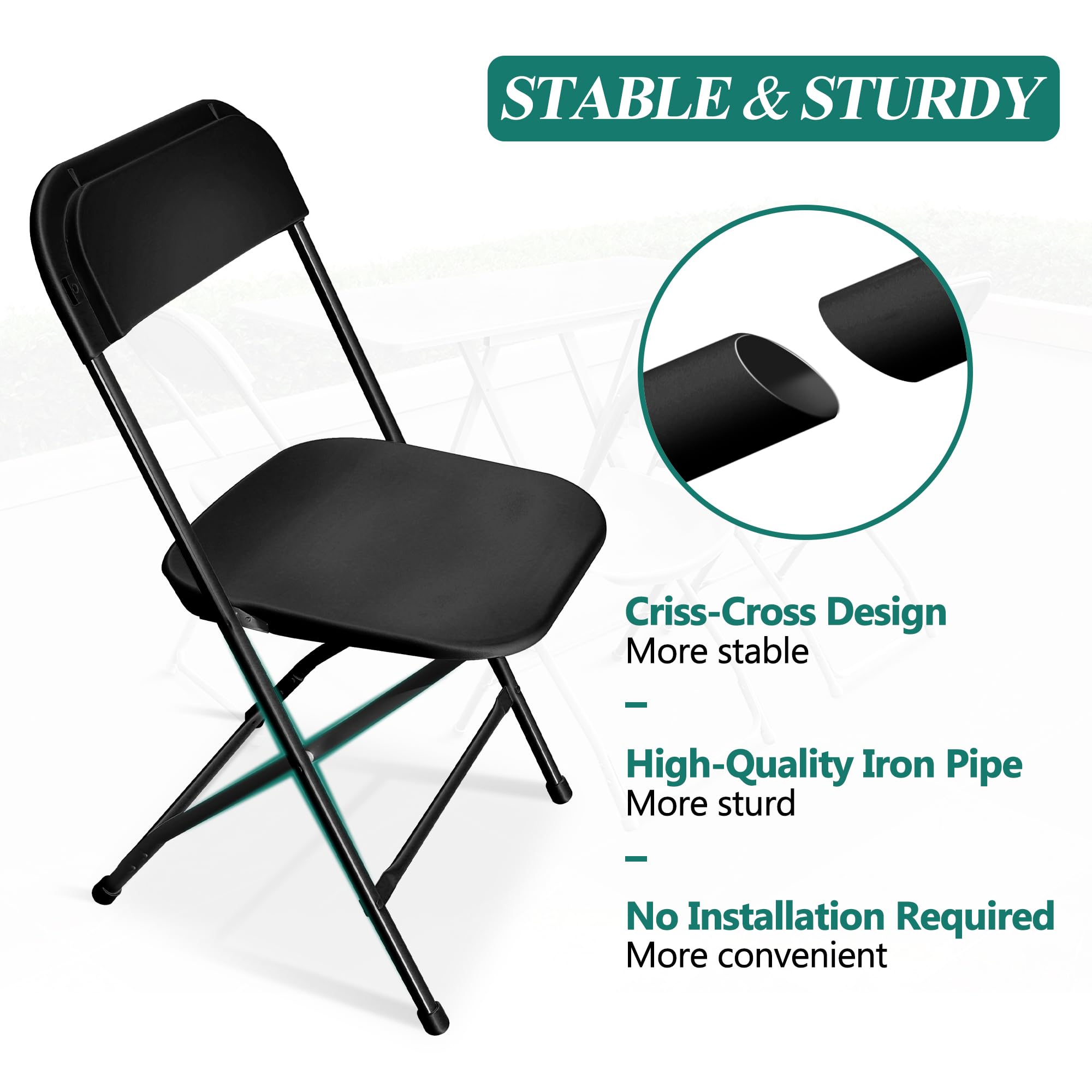 10 Pack Black Plastic Folding Chairs - Heavy Duty Stackable Steel Frame Party Chairs (550lbs Capacity) - Indoor Outdoor Portable Commercial Seating for Home, Office, Weddings, Events, Picnics, BBQs & Camping