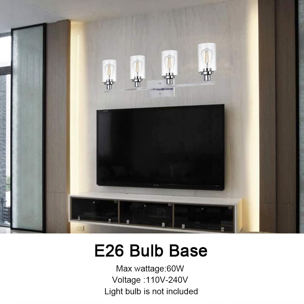 4-Light Modern Bathroom Vanity Light Fixture - Chrome Finish with Clear Glass Shade - Wall Mount Mirror Lighting for Bedroom, Dressing Table & Vanity (Perfect for Makeup Application & Home Decor)