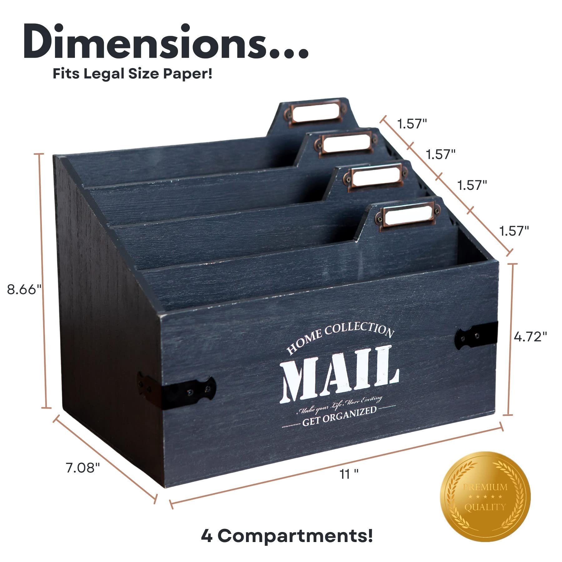 25DOL XXL Wooden Mail Organizer - 7 x 10.8 Inch Desktop Letter Sorter, File Holder & Desk Organizer for Office, Home - Rustic Mail & Document Storage Solution (Perfect for Bills, Letters, Files)