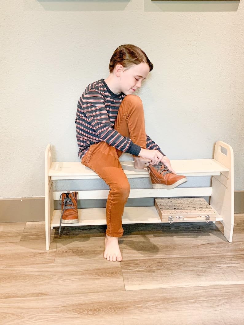 Adjustable Montessori Wooden Toddler Bench - Kids Playroom Furniture, Self Care Station & Shoe Bench for Toddlers - Perfect for Playrooms, Bedrooms & Entryways