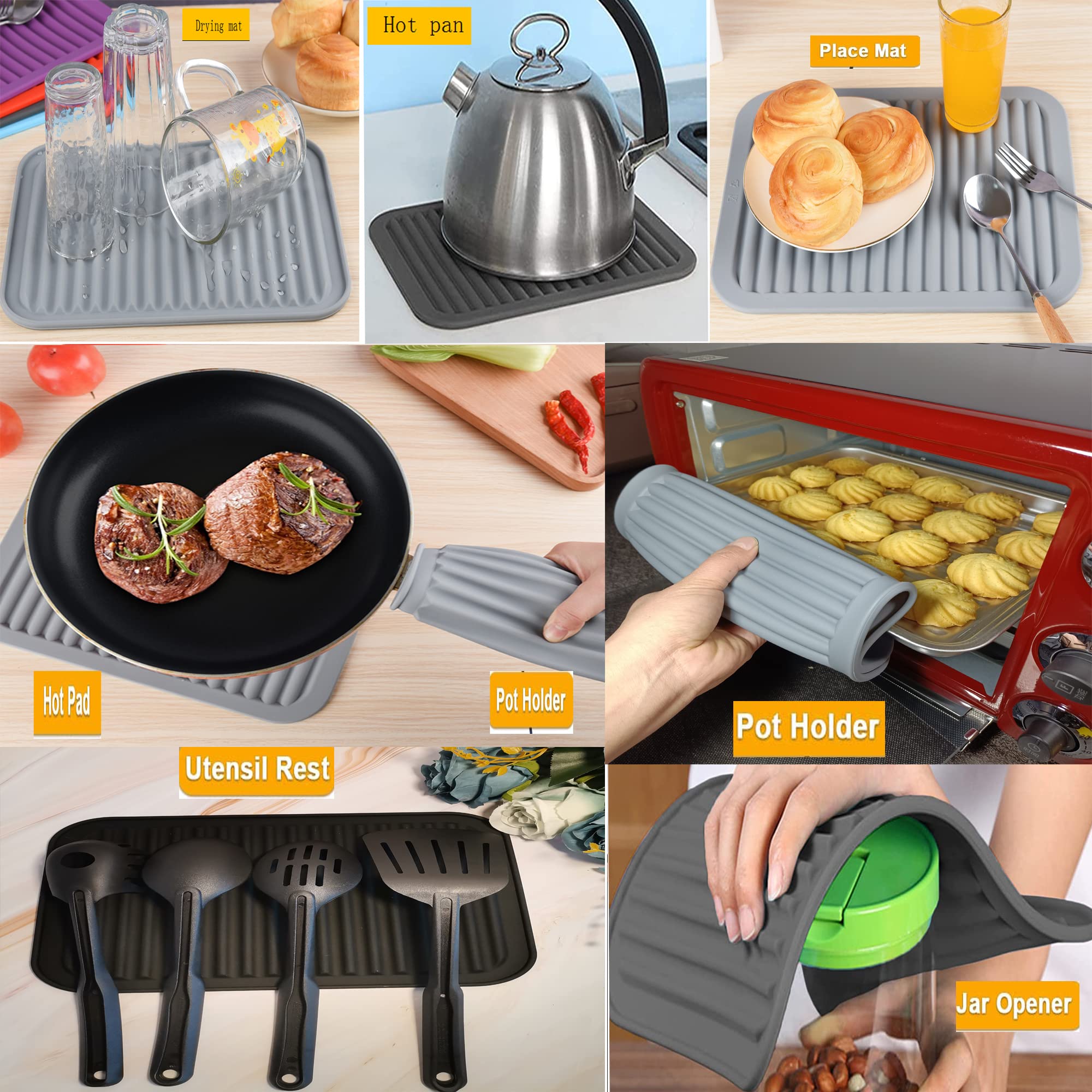 Heat Resistant Silicone Trivets for Hot Pots & Pans - Set of 2 Large 12x9 Inch Kitchen Hot Pads, Flexible Countertop Protector Mats for Dining Table & Quartz Countertops (Light Grey) - Perfect for Serving Dishes, Baking, and Protecting Surfaces from Heat Damage
