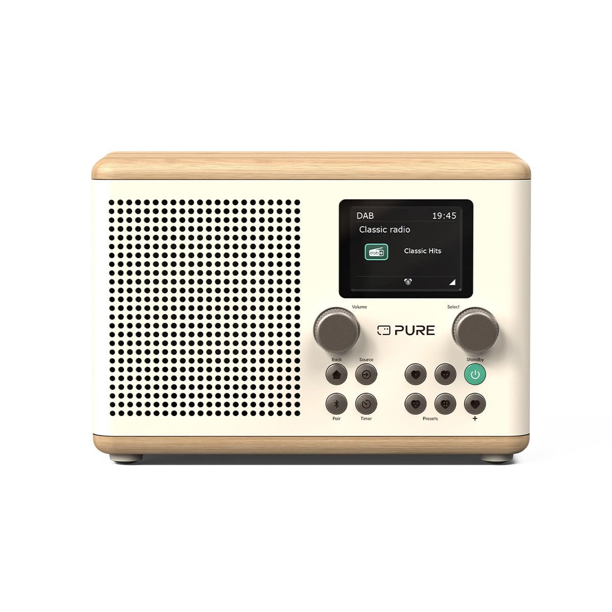 Pure Classic H4 Digital Kitchen Radio with DAB+/FM, Bluetooth, USB & AUX - Multi-Functional Alarm Clock with Kitchen Timer in White/Cotton/Oak Finish - Perfect for Cooking, Baking & Morning Routines