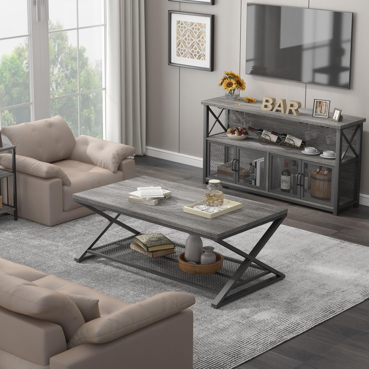 LVB Industrial Farmhouse Coffee Bar Cabinet with Wine Rack Storage - Modern Sideboard Buffet for Liquor, Glasses & Kitchen Essentials - Light Grey Oak 47 Inch for Dining Room, Living Room & Home Bar Decor