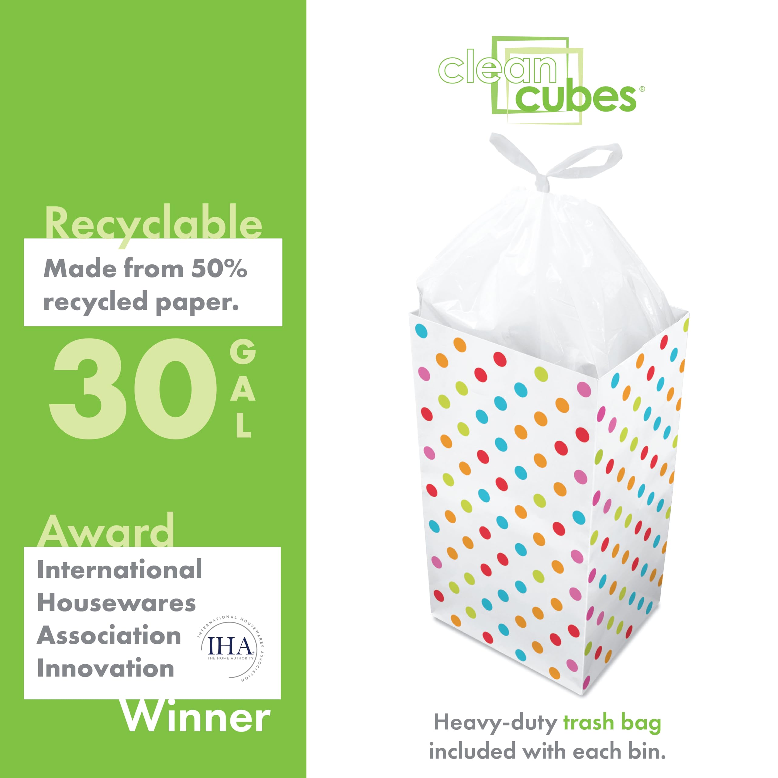 30 Gallon Disposable Trash Cans (3-Pack) - Heavy Duty Reusable Garbage & Recycling Bins for Parties, Events, Home & Office Use - Polka Dot Design (30