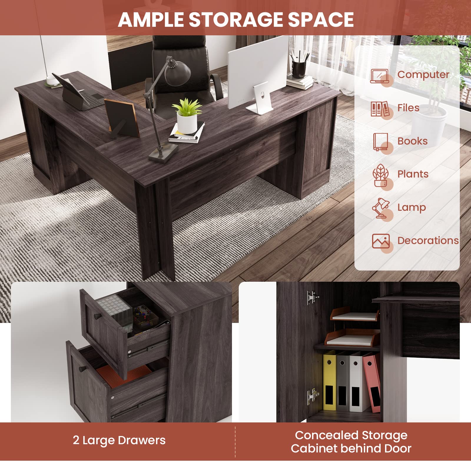 Tangkula L-Shaped Office Desk with Storage Drawers & Keyboard Tray - Home Office Corner Computer Desk with Cabinet & Adjustable Shelf - Space Saving Study Writing Workstation for Small Spaces, Gaming Setup & Remote Work
