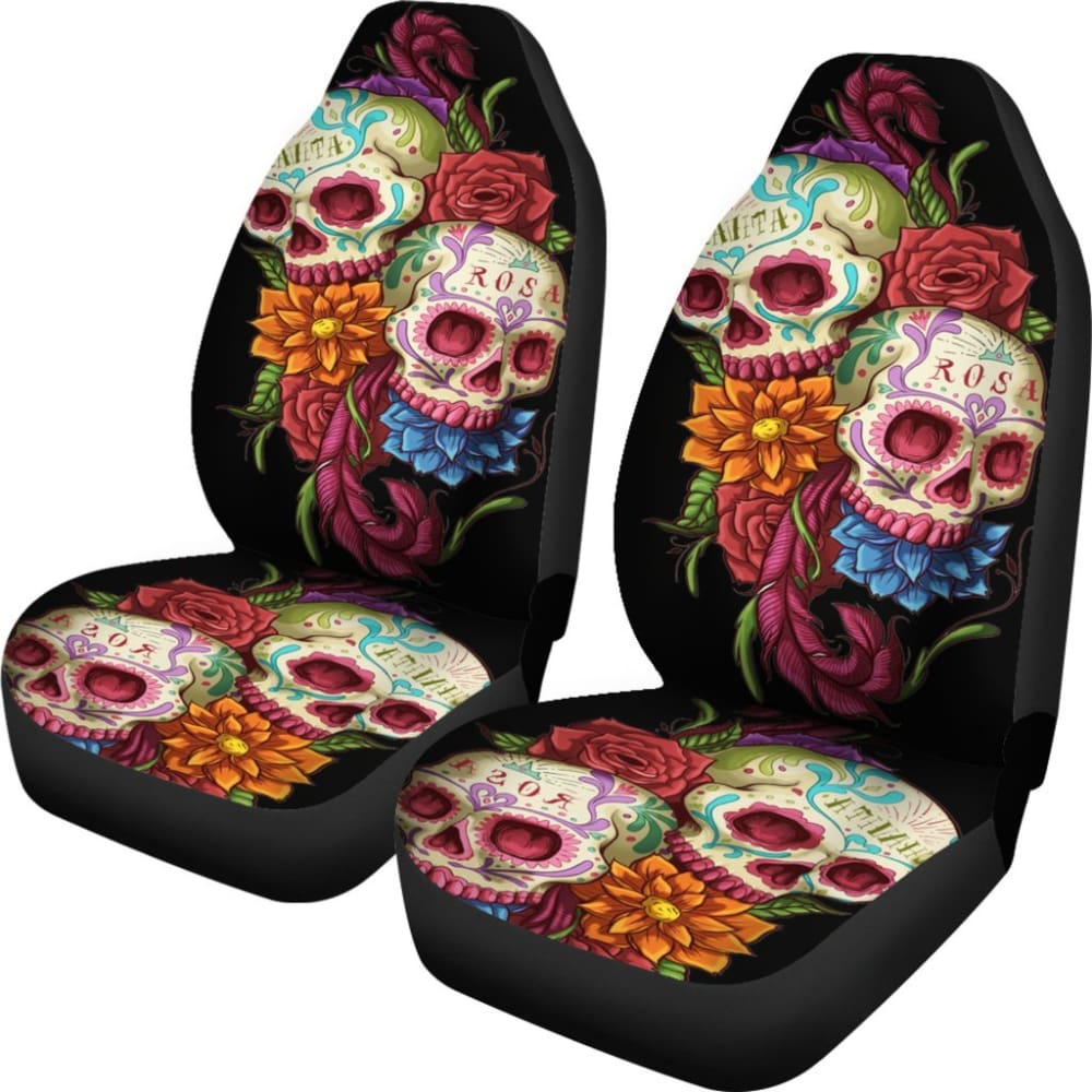 2 Pcs Day of The Dead Sugar Skull Car Seat Covers - Mexican Style Skull Print Universal Fit for Cars, Trucks & SUVs - Perfect for Halloween, Dia de Los Muertos & Gothic Decor