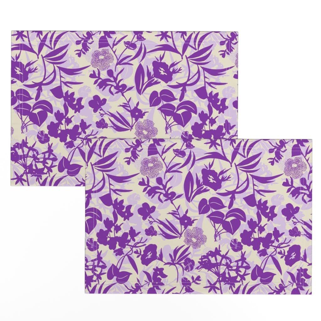 Tropical Blooms Floral Placemats Set of 2 - Sand & Purple Beige Botanical Jungle Print Linen Cotton Canvas Table Mats for Dining, Kitchen Decor, and Party Settings