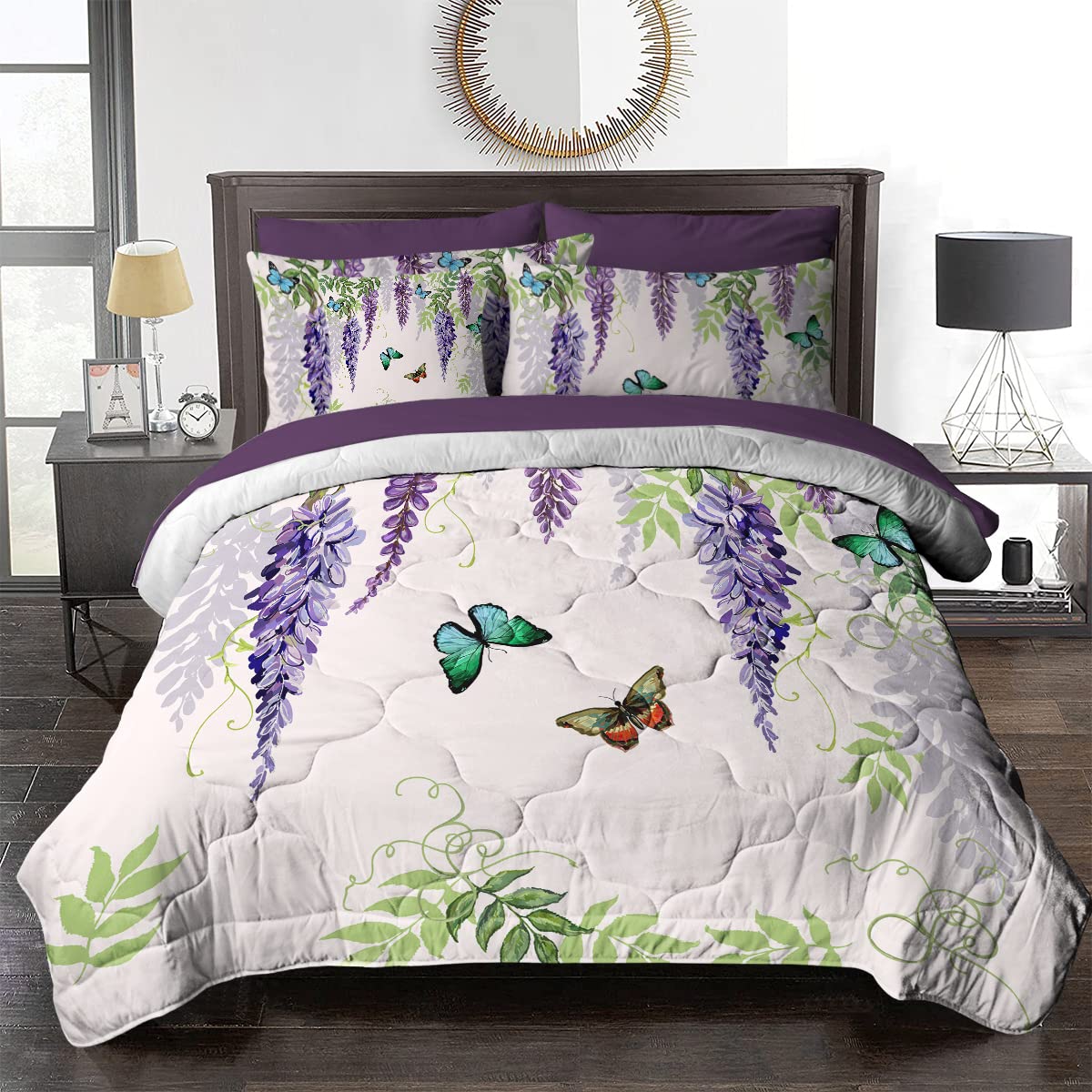 **BlessLiving Purple Wisteria Comforter Set - Queen Size 8-Piece Bedding Set with Ultra Soft Comforter & Sheets, Botanical Floral Design with Colorful Butterflies - Perfect for Adults, Women & Girls - Ideal for Bedroom, Guest Room & Dorm Decor**