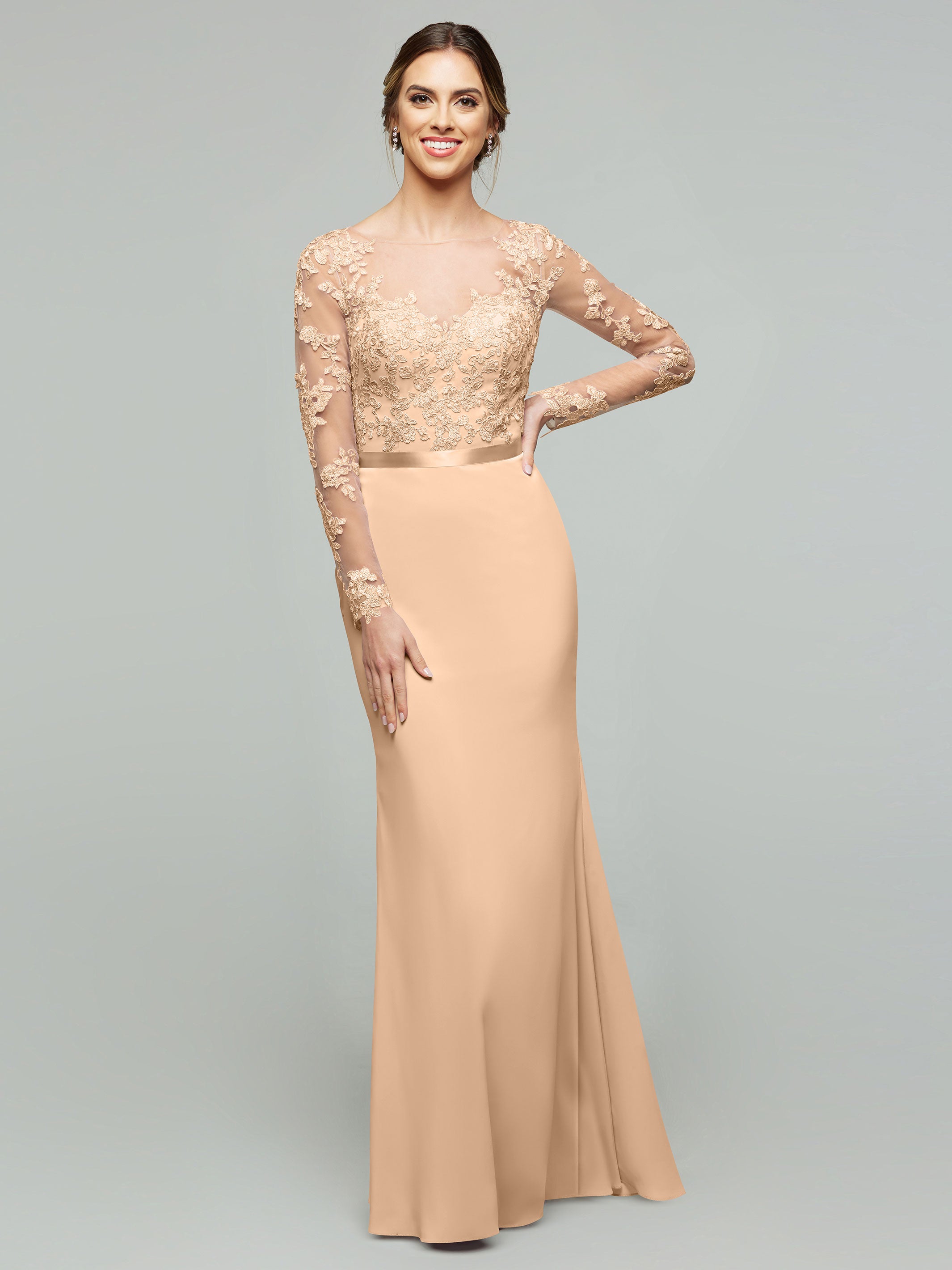 Elegant 80190 Chiffon & Lace Mermaid Bridesmaid Dress with Illusion Long Sleeves - Perfect for Weddings, Proms & Formal Events