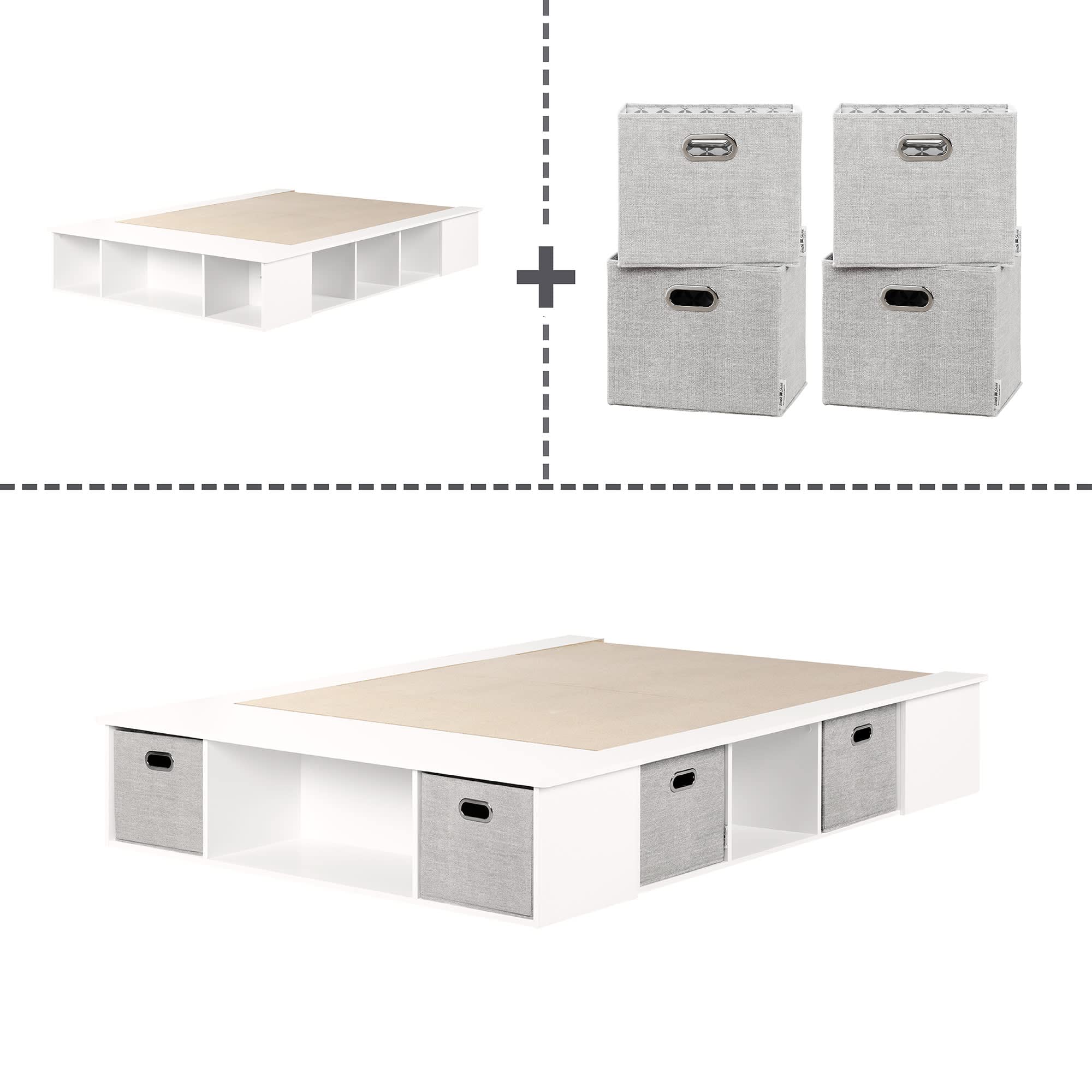 South Shore Flexible Platform Bed with Storage Baskets, Full Size, Pure White - Perfect for Small Bedrooms, Guest Rooms & Dormitories