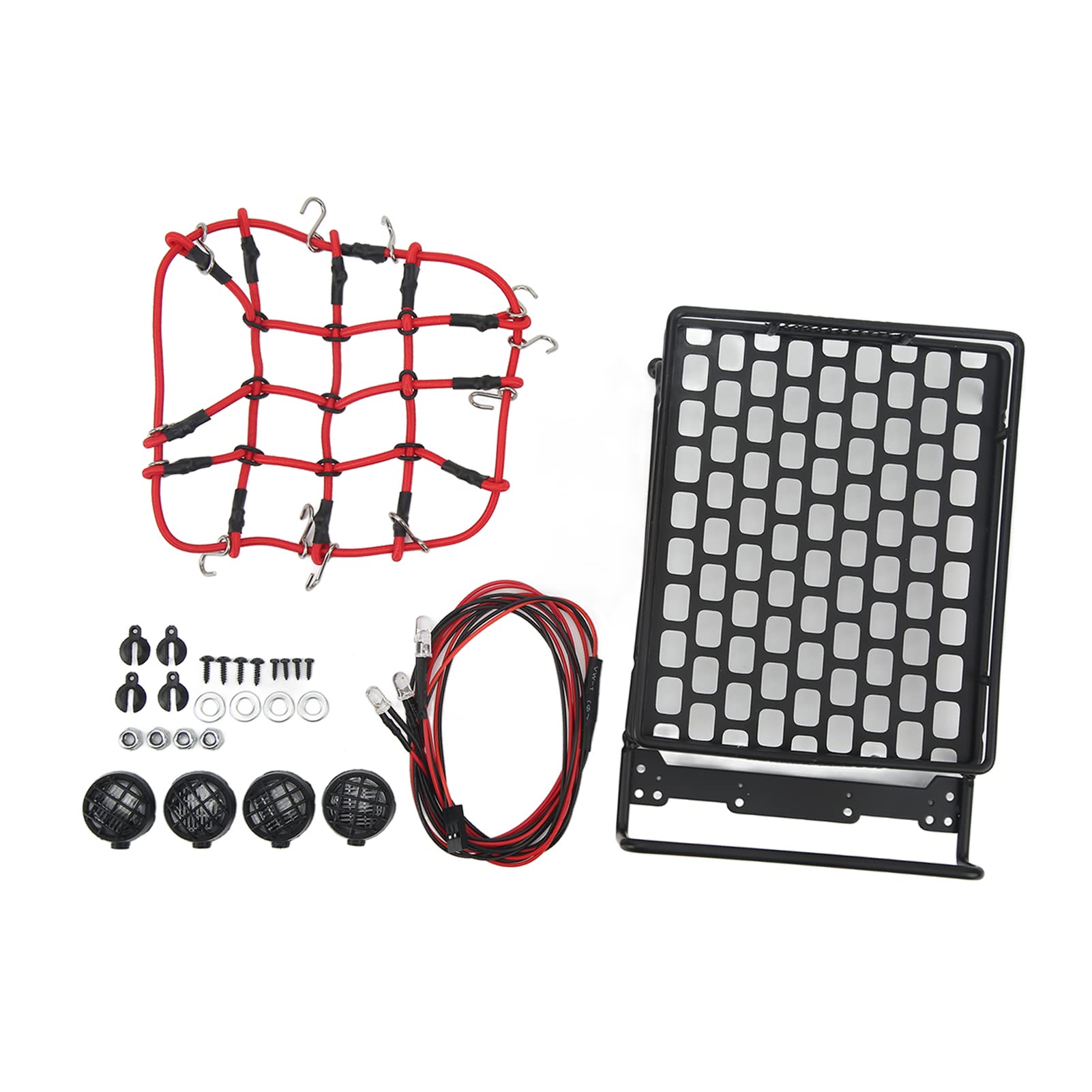 Universal RC Car Roof Rack with LED Lights & Luggage Net - Portable 1/10 1/12 1/14 Scale RC Vehicle Accessory for Off-Road Adventures & Outdoor Camping