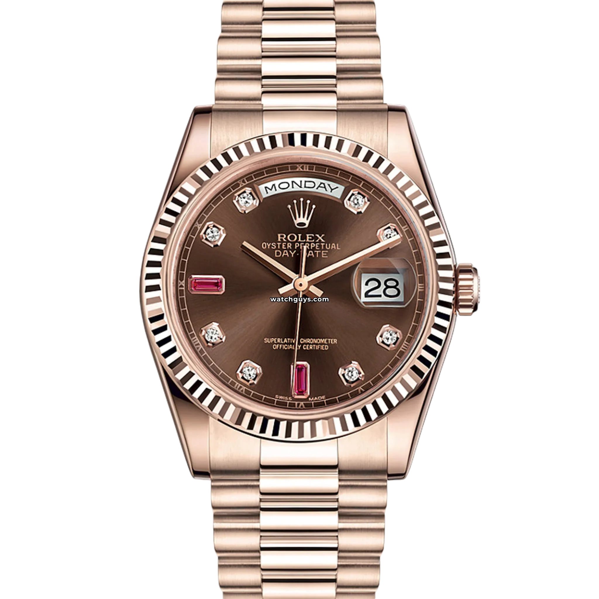 Luxury Rolex Day Date 118235 18K Rose Gold Watch with Chocolate Diamond & Ruby Bezel - Perfect for Business Meetings & Special Occasions