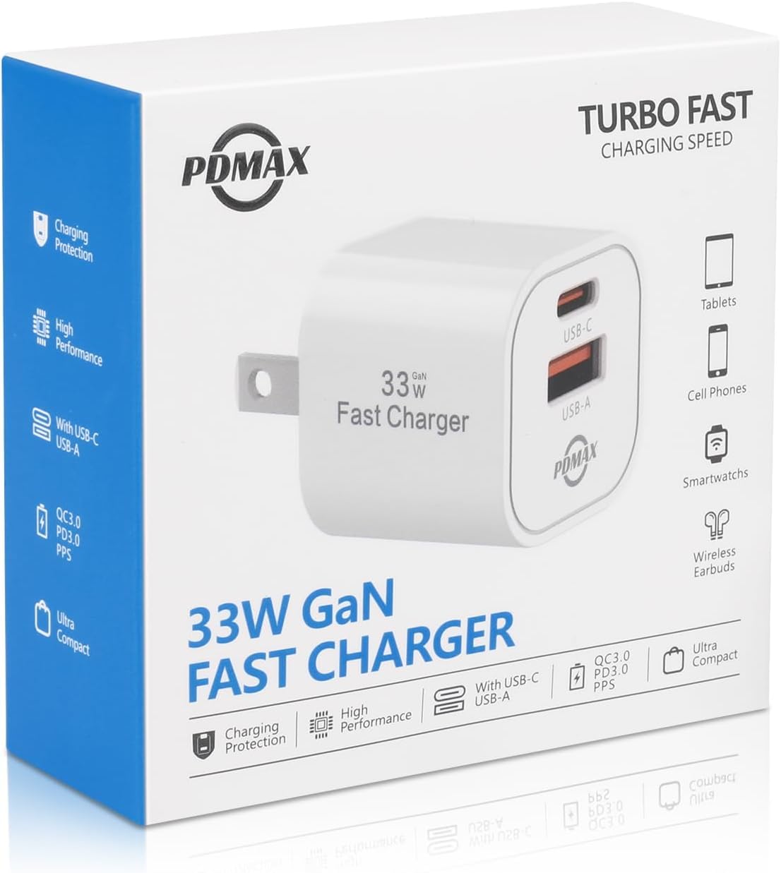 PDMAX 33W Dual Port USB C Wall Charger - Fast Charging Block with USB-C & USB-A Ports | PPS Super Fast Charging Technology | ETL Certified | Compatible with iPhone 16/15/14 Pro Max, Samsung Galaxy S23/S22, Google Pixel 8/7, iPad Pro/Air | Perfect for Home, Office & Travel Charging Needs